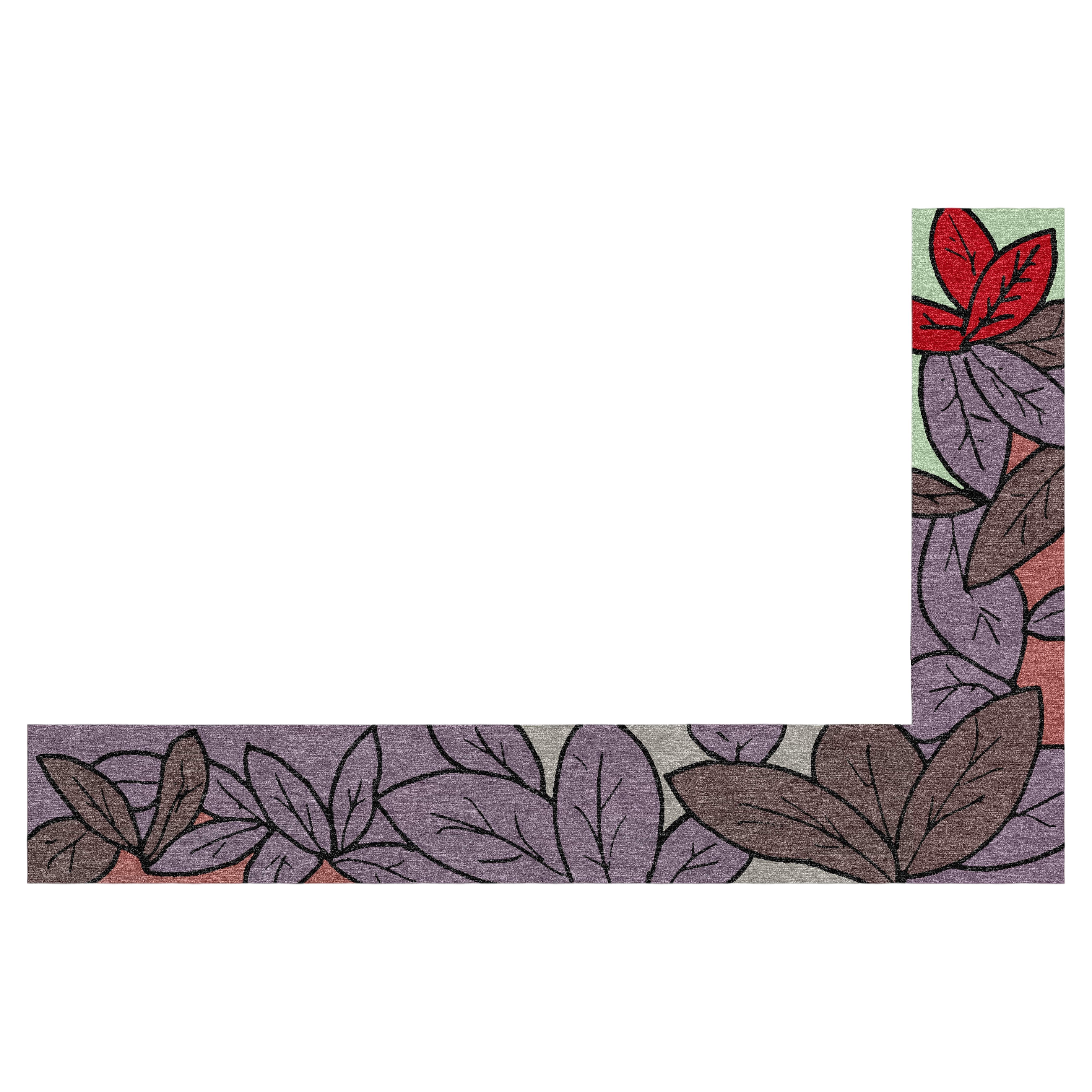 Nature‑inspired L‑shaped border rug with layered leaves. Hand‑knotted in Nepal.