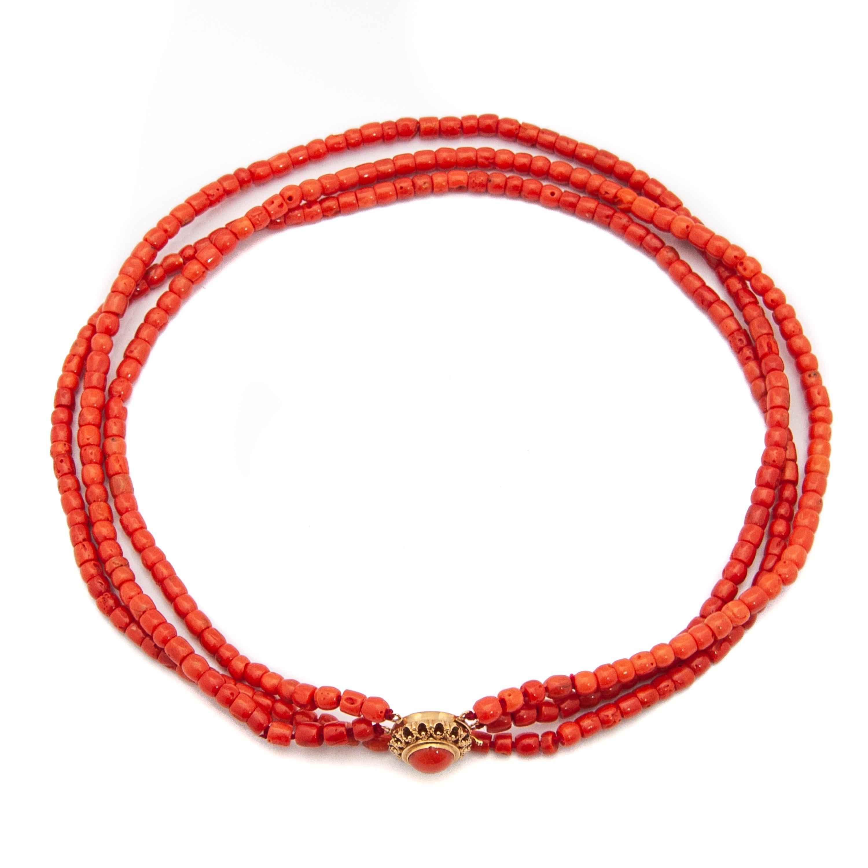 Women's Natural Coral and 14K Gold Multi-Strand Beaded Necklace For Sale