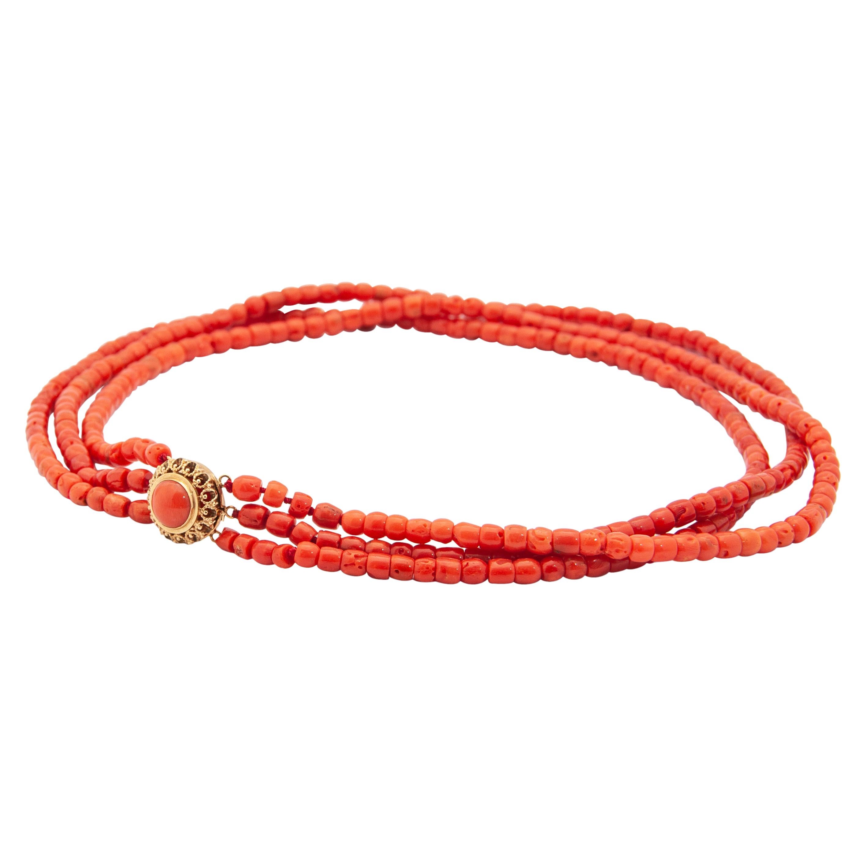 Natural Coral and 14K Gold Multi-Strand Beaded Necklace