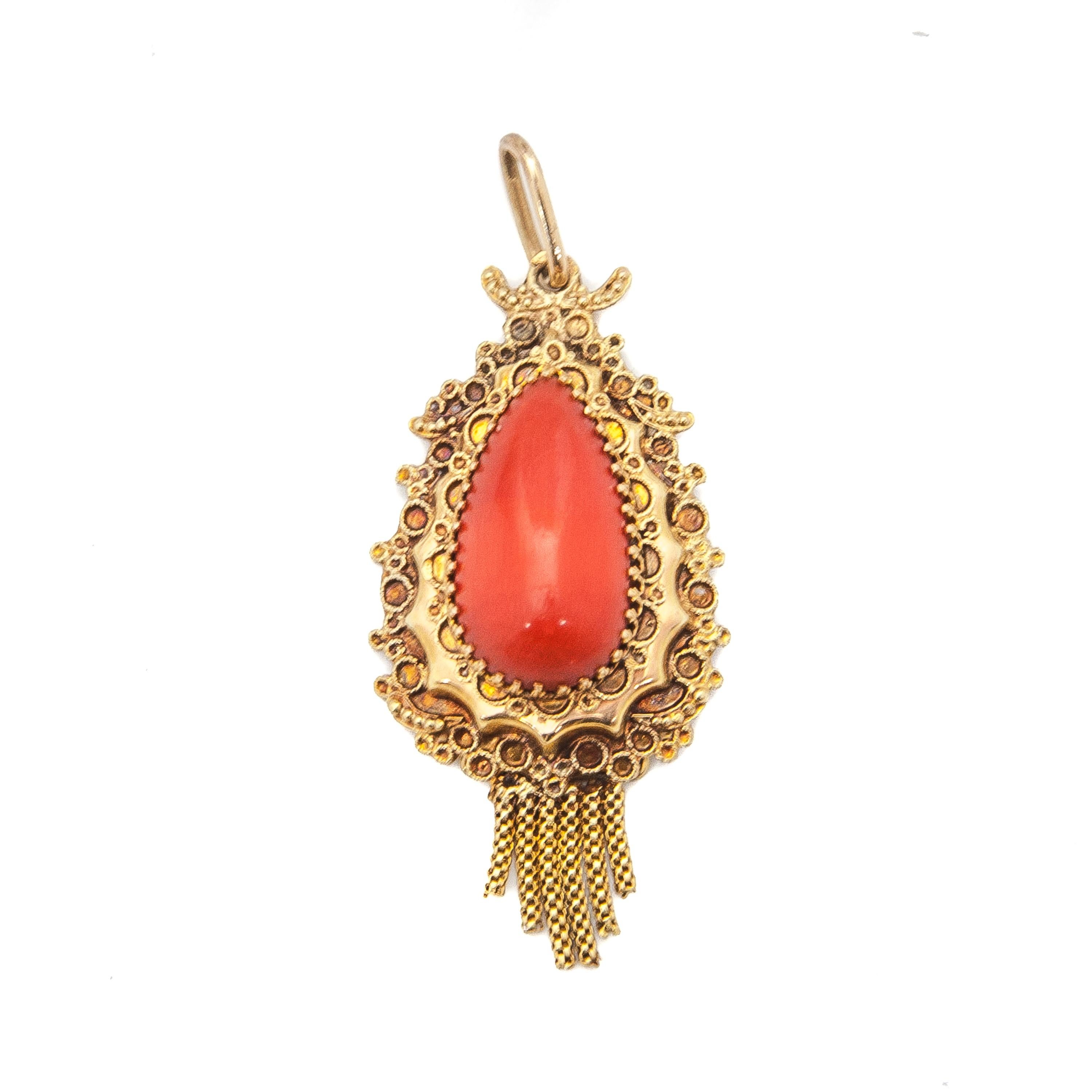 Vintage 14 Karat Gold Coral Cannetille Tassel Pendant 1