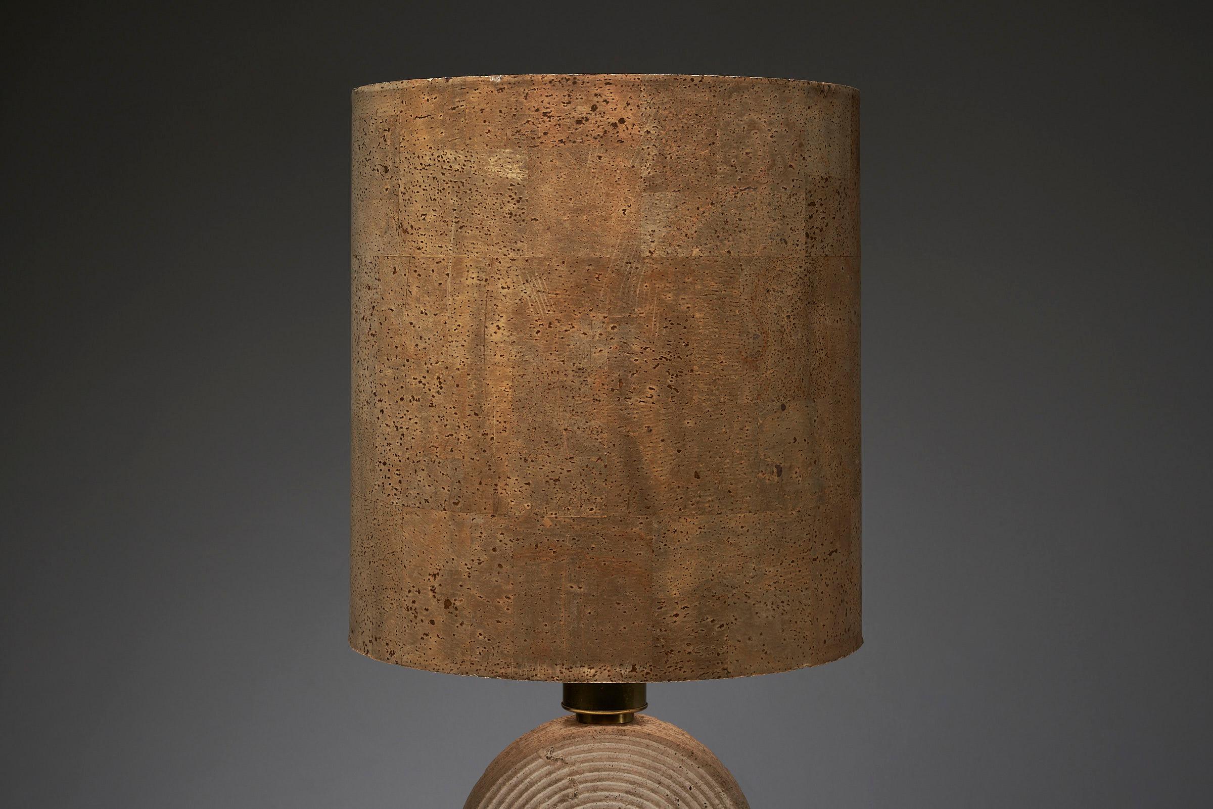 Naturel table lamp travertine base cork shade in the style of Studio CE. For Sale 3