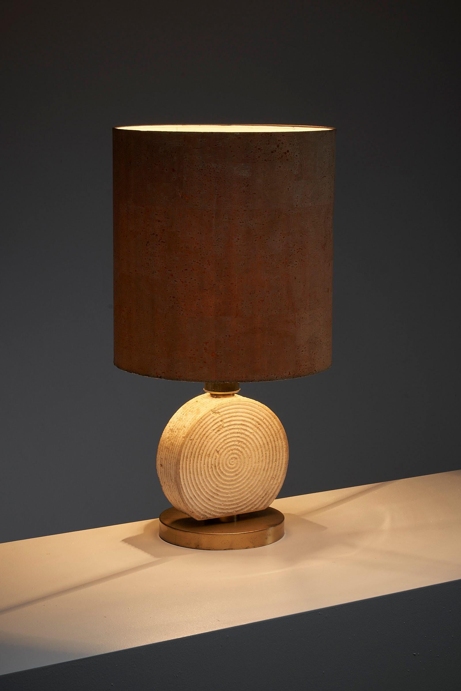 Hand-Crafted Naturel table lamp travertine base cork shade in the style of Studio CE. For Sale