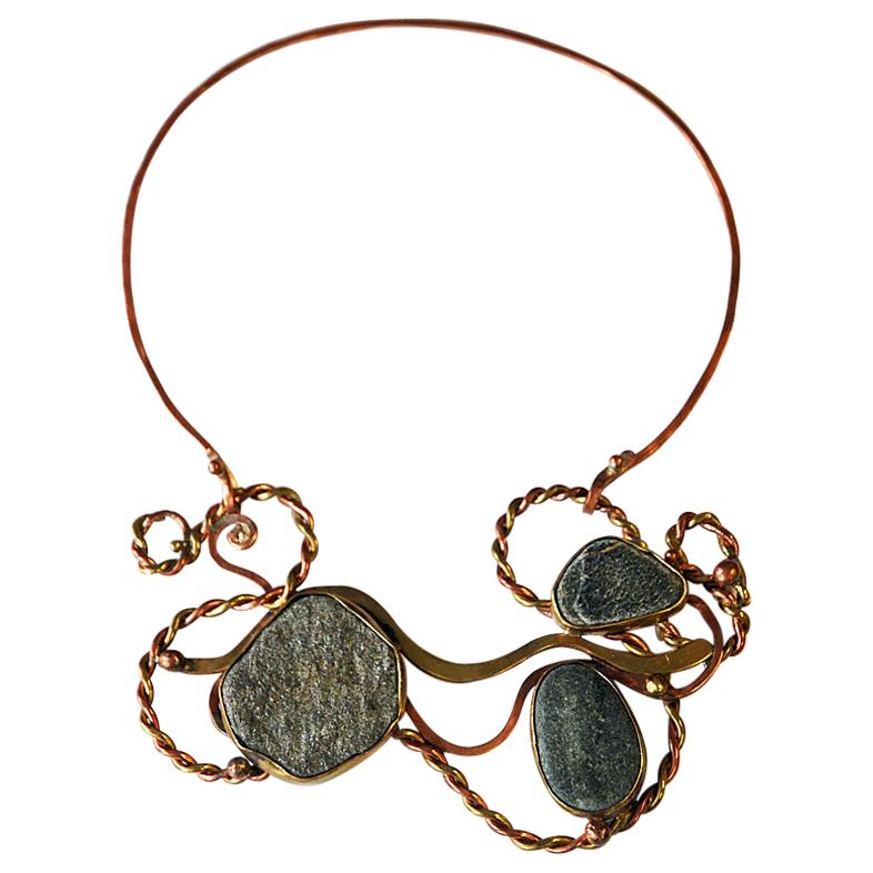 Vintage Naturstone and Brass/Copper Necklace by Anna Greta Eker, Norway, 1960s