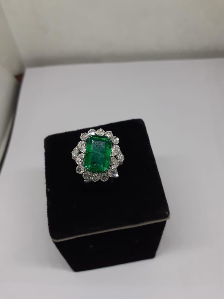 Emerald Cut 7.15 Natural Zambian Emerald and 2.35 Ct Natural Diamond Ring in 18KW Gold For Sale