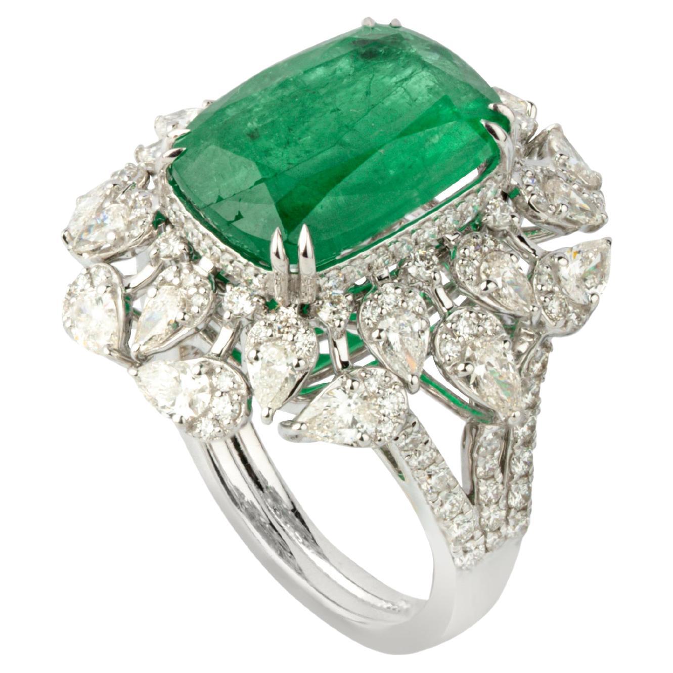 7.15 Natural Zambian Emerald and 2.35 Ct Natural Diamond Ring in 18KW Gold For Sale
