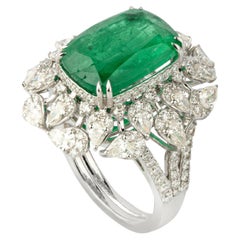 7.15 Natural Zambian Emerald and 2.35 Ct Natural Diamond Ring in 18KW Gold