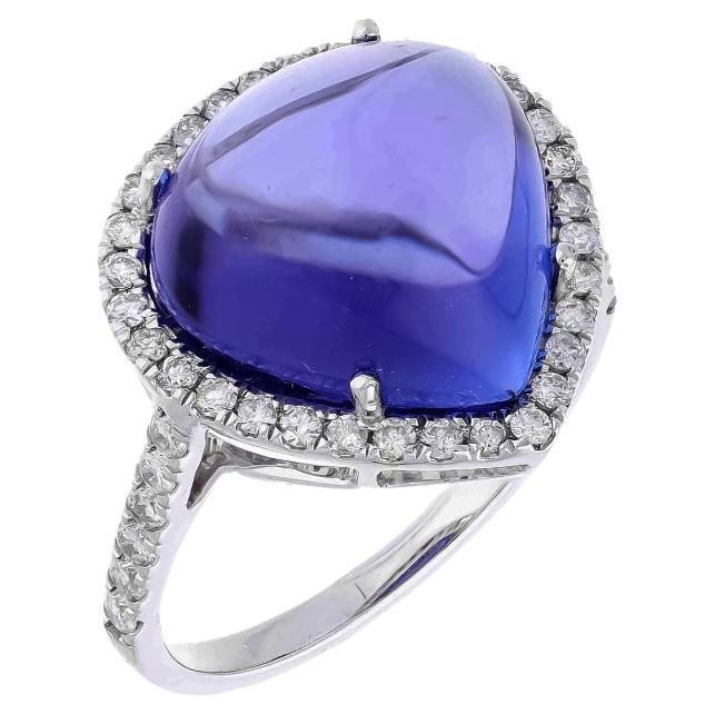 10.10 Ct Natural Tanzanite Cabochon & 0.40 Ct Natural Diamond Ring in 18KW Gold For Sale