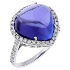 10.10 Ct Natural Tanzanite Cabochon & 0.40 Ct Natural Diamond Ring in 18KW Gold