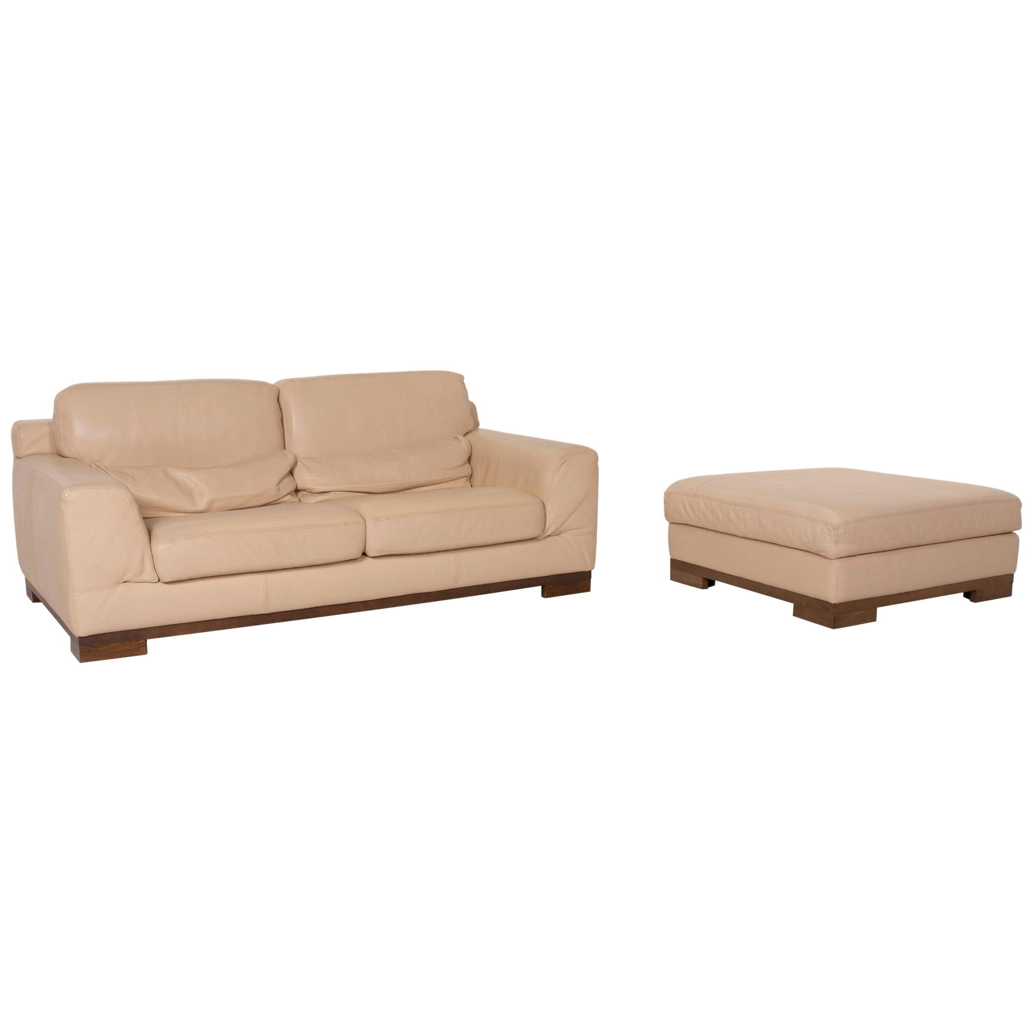 Natuzzi 2085 Leather Sofa Set Beige Two-Seat Ottoman For Sale
