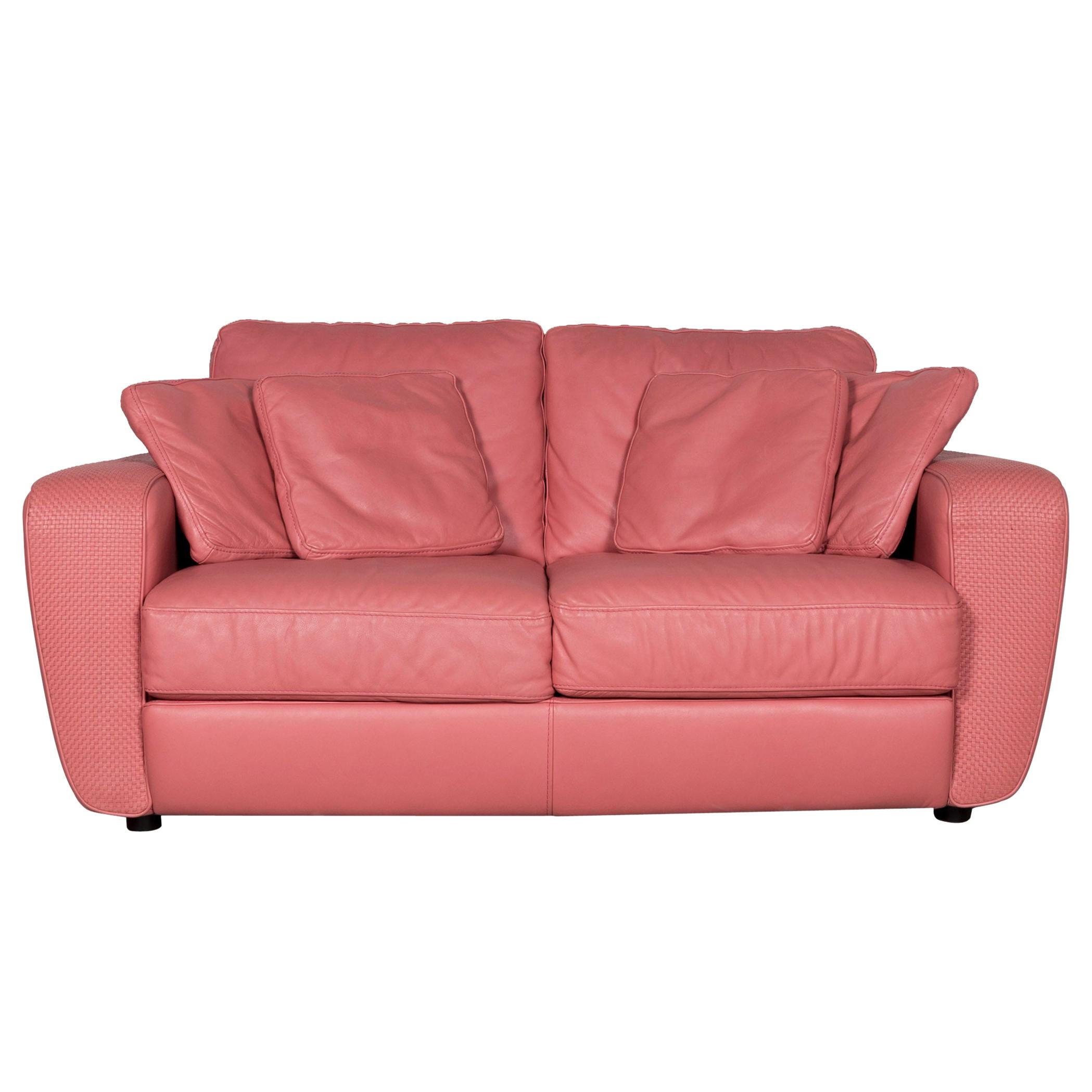 Natuzzi Designer Leather Sofa Red Pink Real Leather Two-Seat Couch