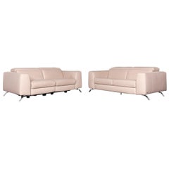 Natuzzi Designer Leather Sofa Set Beige Three-Seat Couch with Electric Function