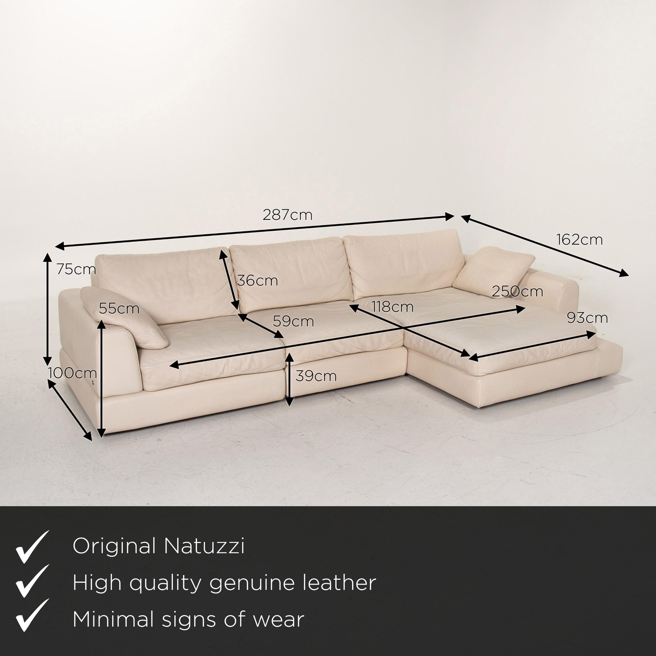 We present to you a Natuzzi Diagonal 2375 leather corner sofa cream sofa couch.
   
 

 Product measurements in centimeters:
 

Depth 100
Width 287
Height 75
Seat height 39
Rest height 55
Seat depth 59
Seat width 250
Back height 36.