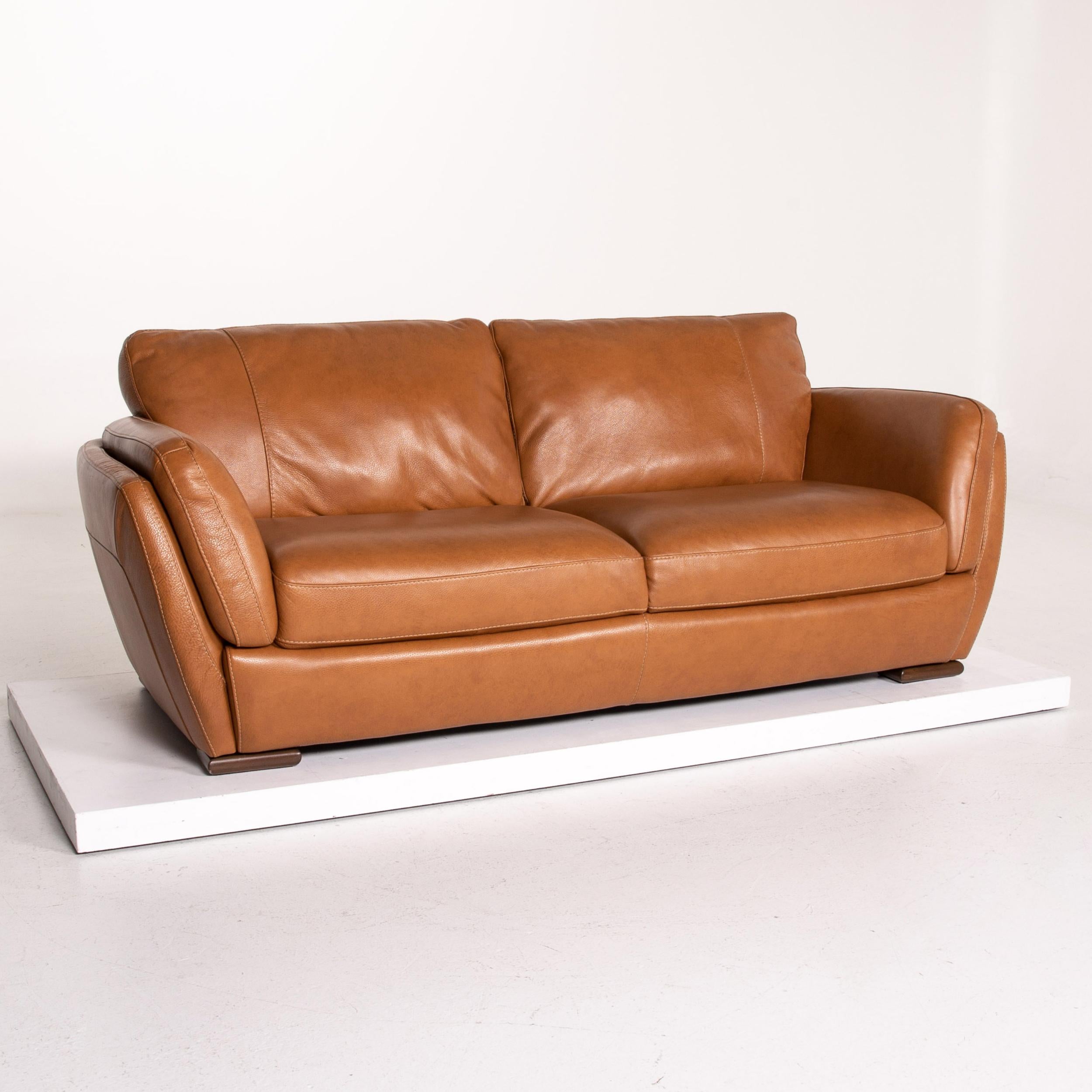 Modern Natuzzi Editions Leather Sofa Cognac Brown Three-Seater Couch
