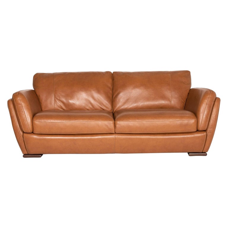Natuzzi Editions Leather Sofa Cognac Brown ThreeSeater Couch at