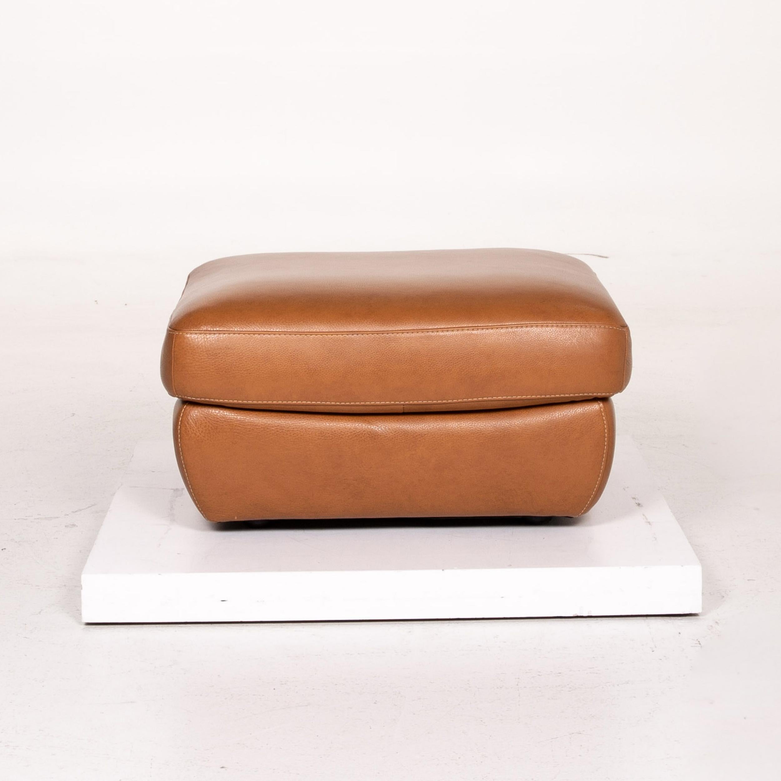 Italian Natuzzi Editions Leather Stool Cognac Brown Ottoman For Sale