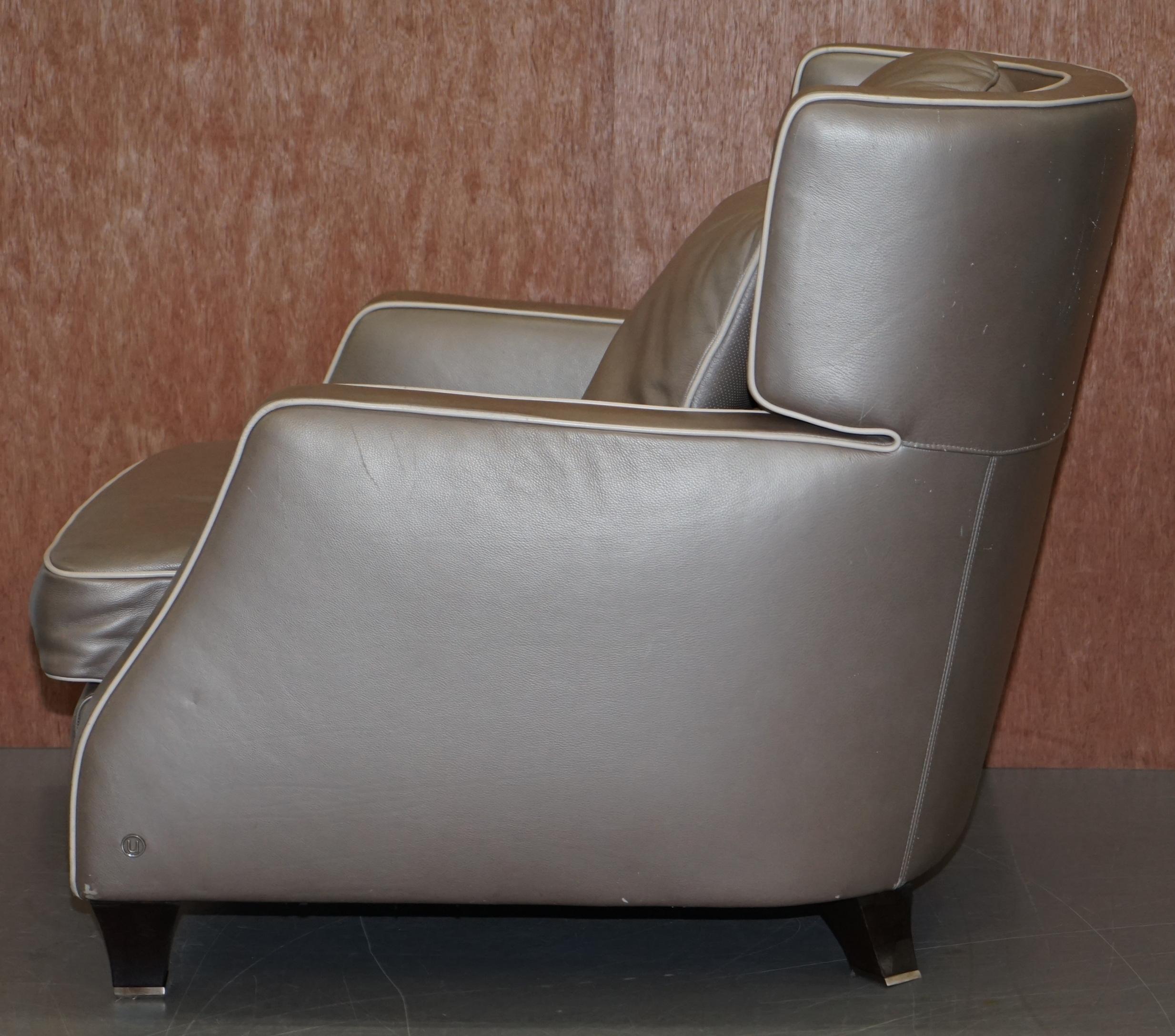 Natuzzi Italia Amadeus Platinum Grey Leather Armchair & Footstool Made in Italy 6