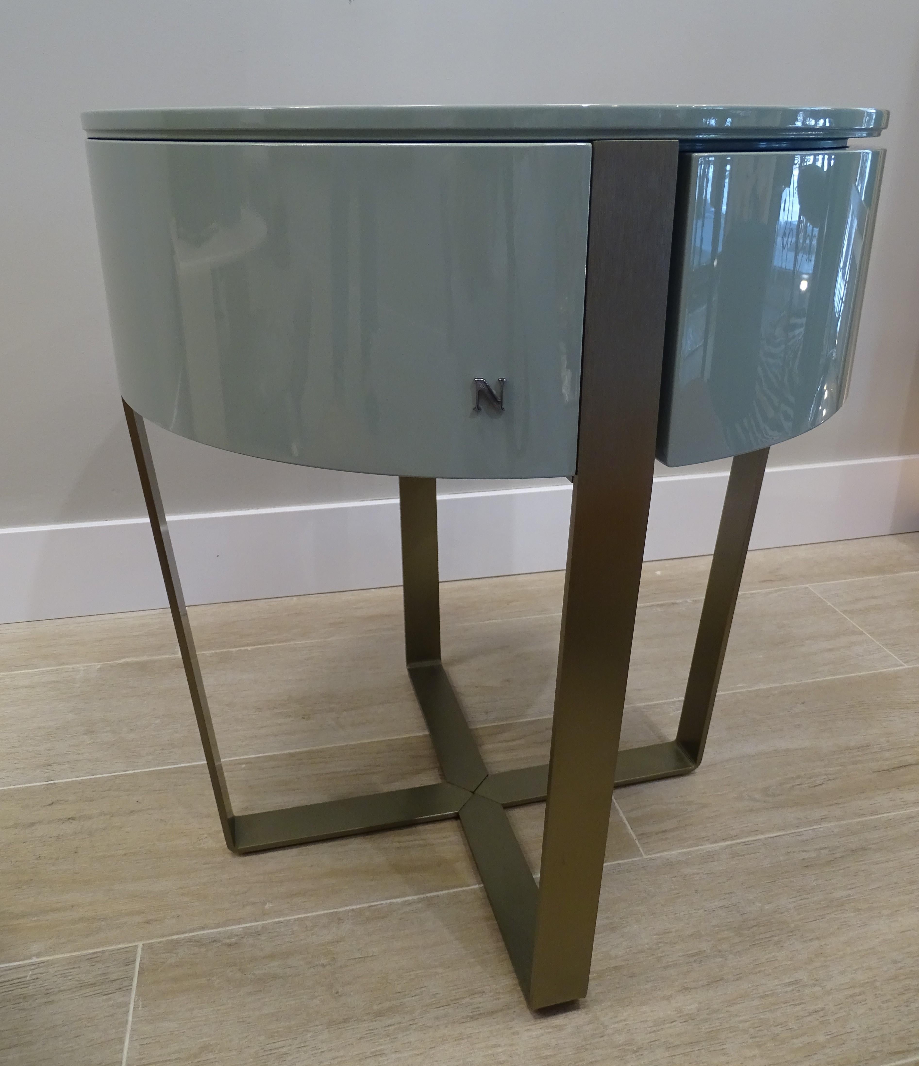 Brass Natuzzi Italian Green Sidetable in Glossy Celadon Colour, One Drawer