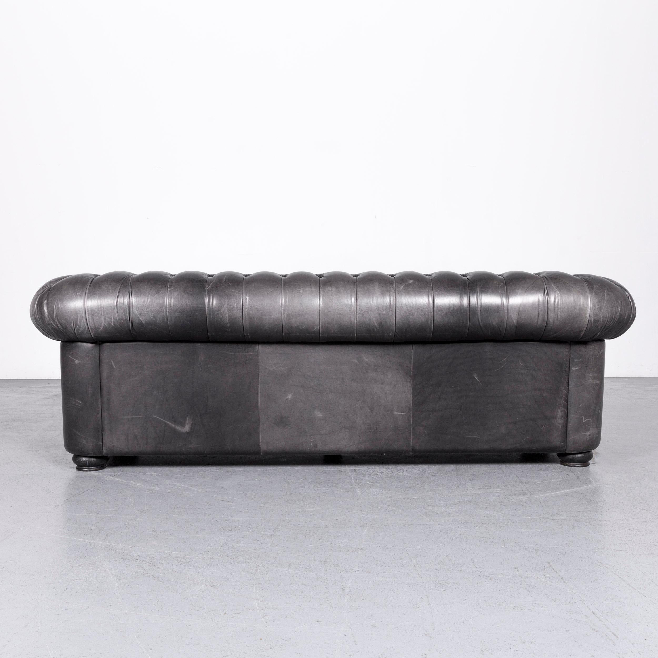 Natuzzi King Designer Leather Sofa Three-Seat Couch Black in Chesterfield Style 2