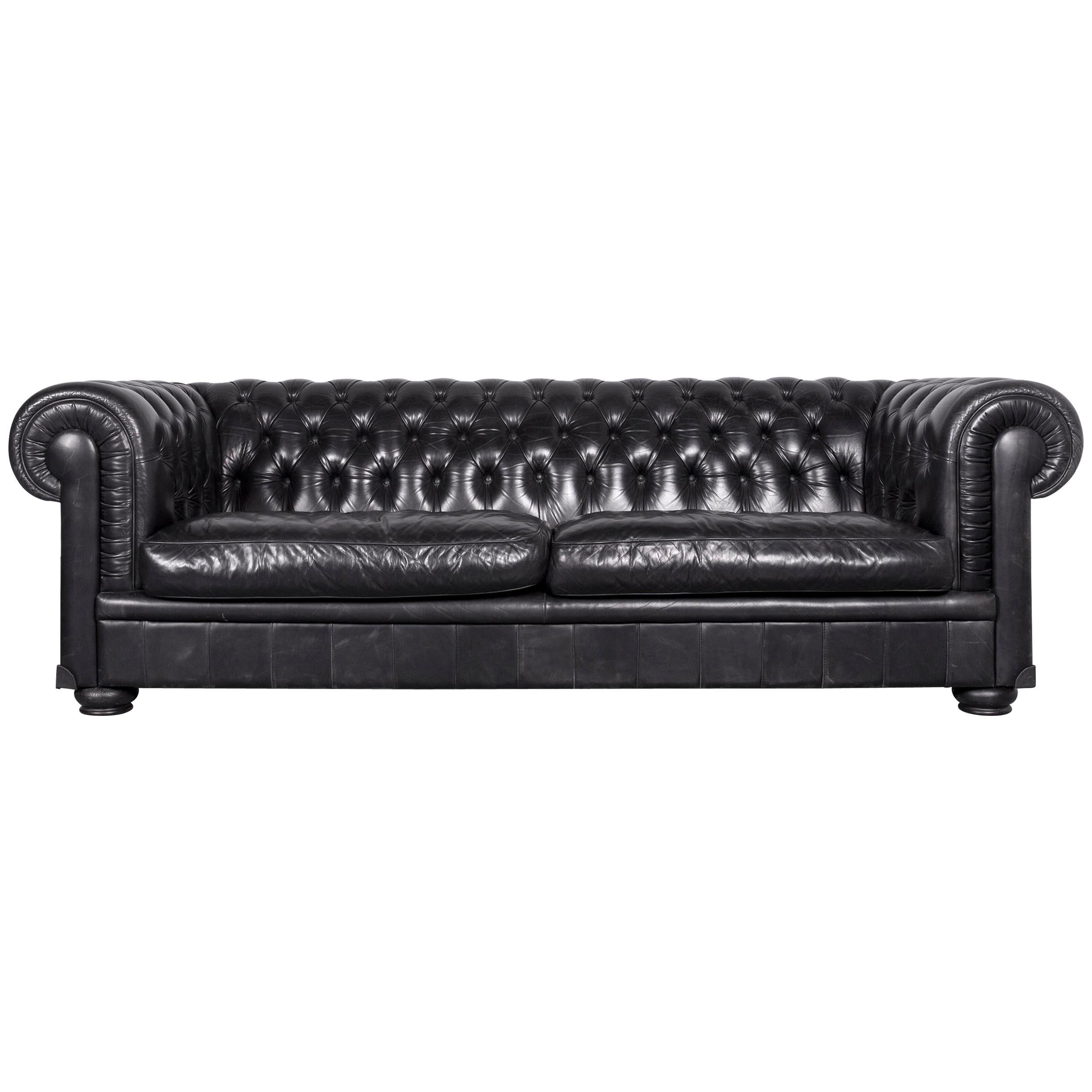 Natuzzi King Designer Leather Sofa Three-Seat Couch Black in Chesterfield Style