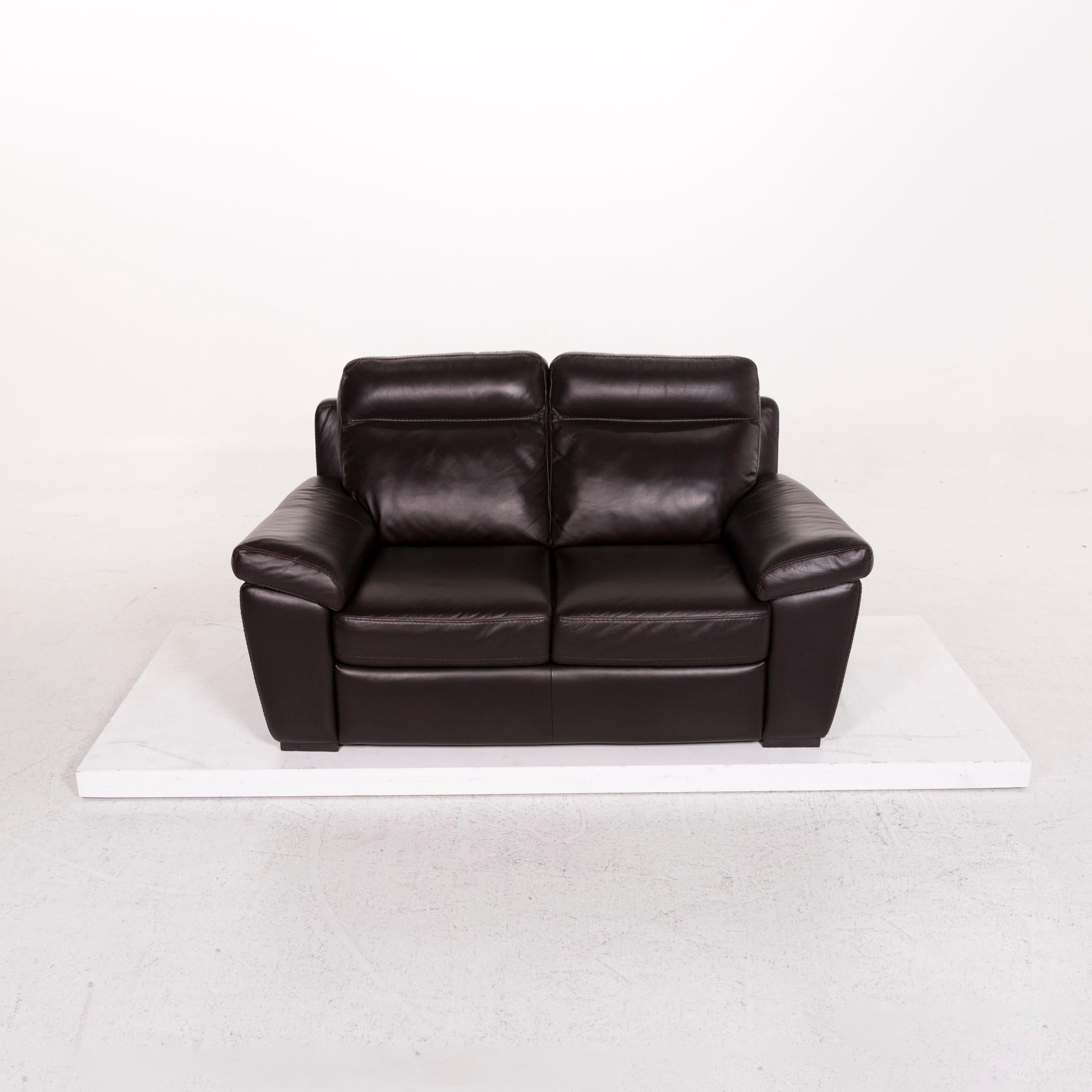 Modern Natuzzi Leather Sofa Brown Dark Brown Two-Seat Couch