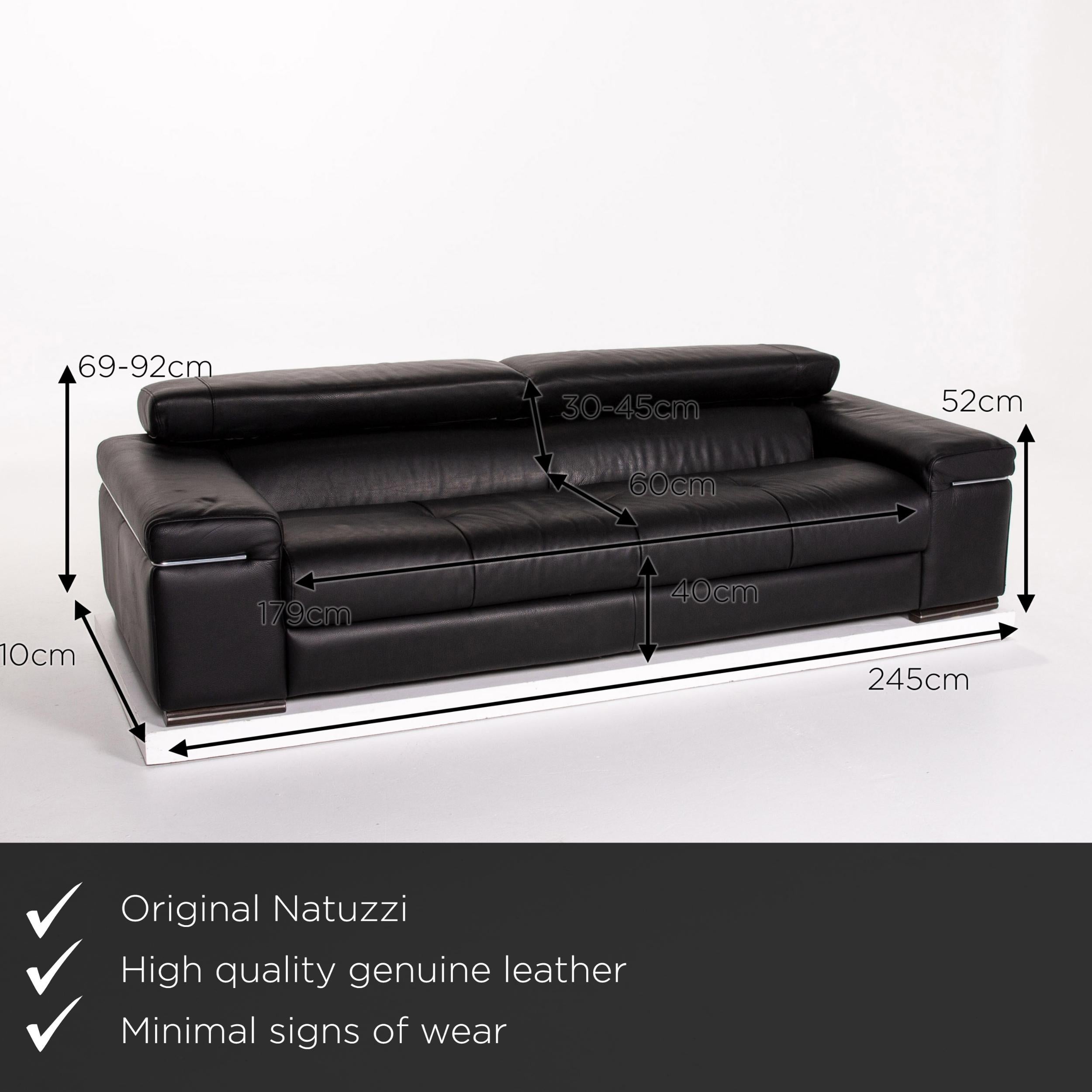 We present to you a Natuzzi leather sofa set black 1 three-seat 1 two-seat function.


 Product measurements in centimeters:
 

Depth 110
Width 245
Height 69
Seat height 40
Rest height 52
Seat depth 60
Seat width 179
Back height 30.

 