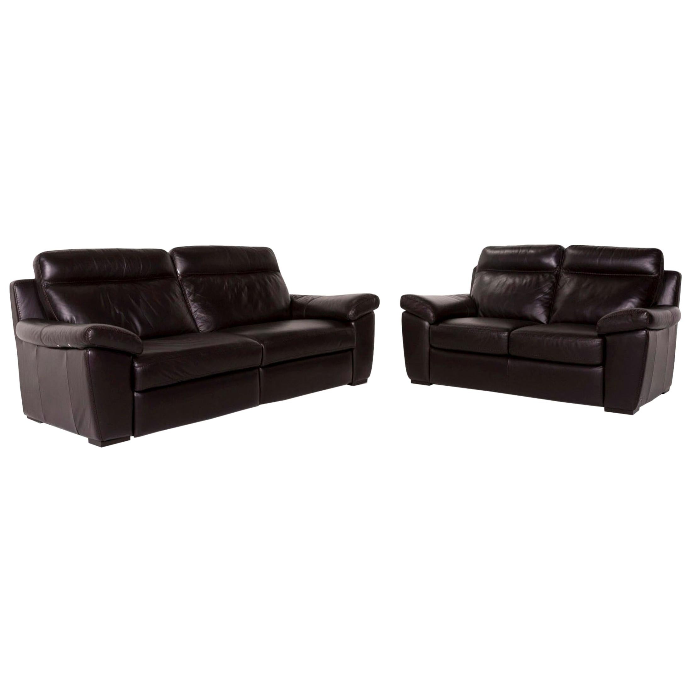 Natuzzi Leather Sofa Set Brown Dark Brown 1 Three-Seat 1 Two-Seat Couch For Sale