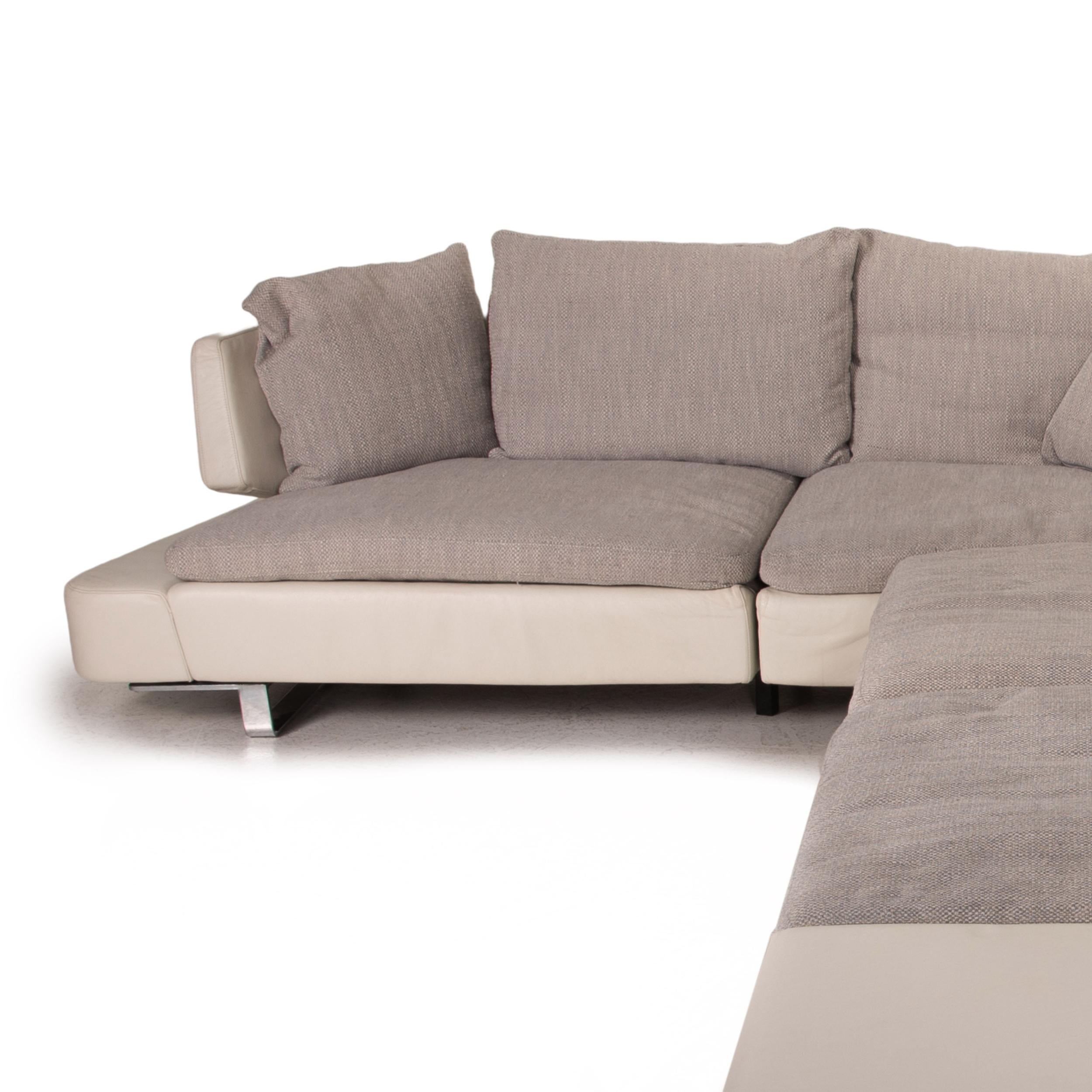 Contemporary Natuzzi Opus Leather Fabric Corner Sofa Gray Cream Sofa Couch For Sale