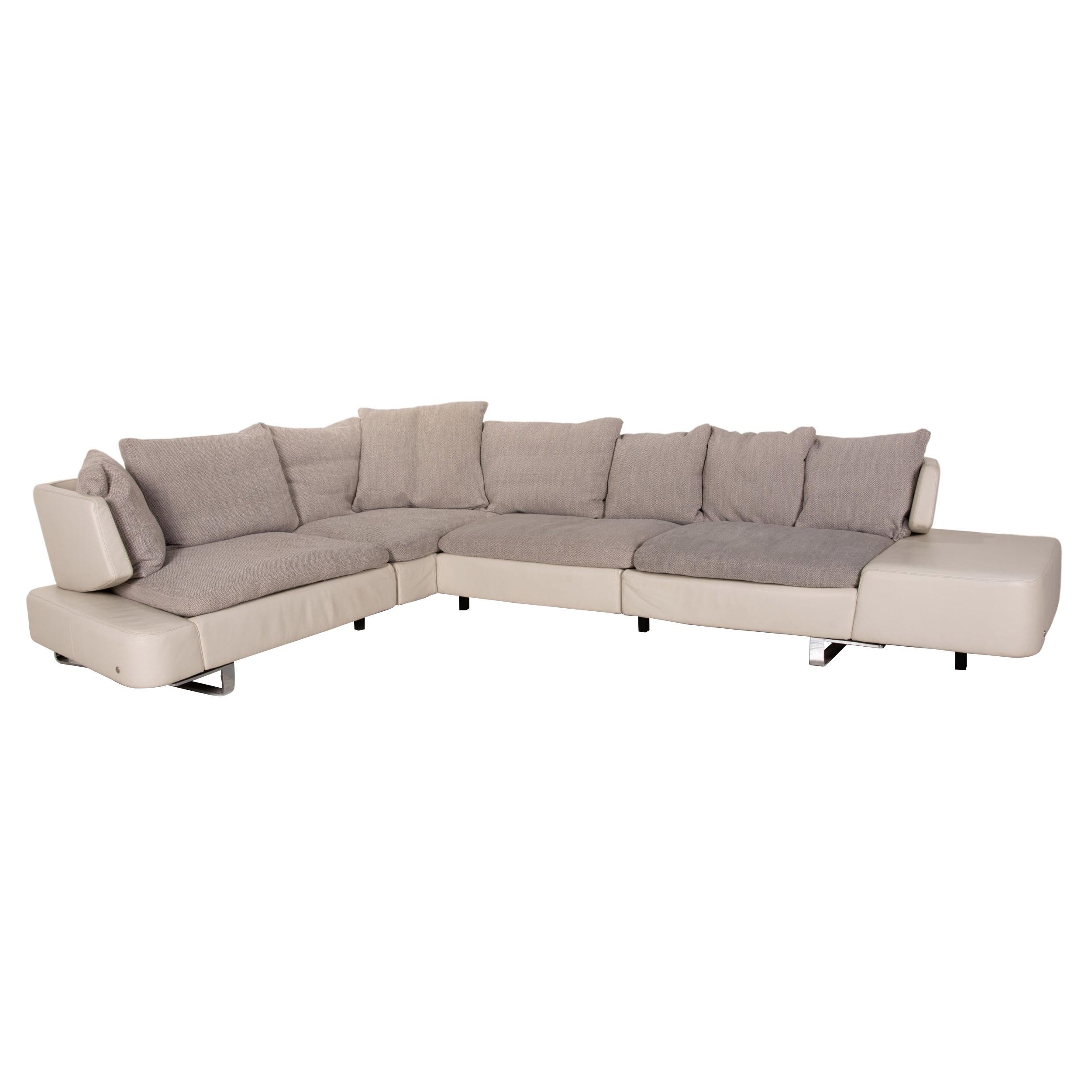 Natuzzi Opus Leather Fabric Corner Sofa Gray Cream Sofa Couch For Sale