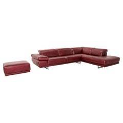 Natuzzi Preludio Leather Sofa Set Red Dark Red 1x Corner Sofa 1x Stool Function