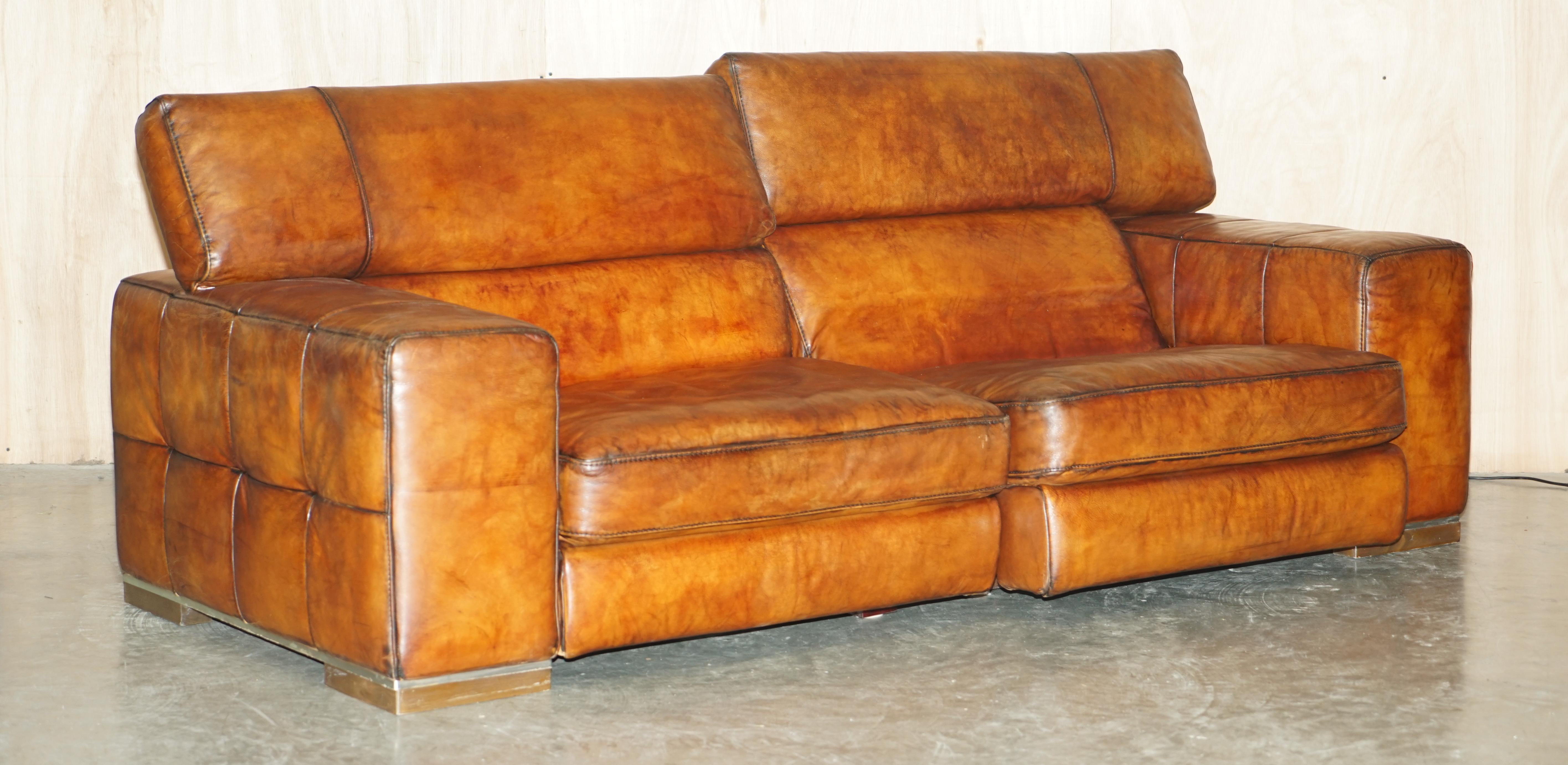 Natuzzi Roma Cigar Brown Leather Sofa Electric Raising Headrest Part of a Suite For Sale 7