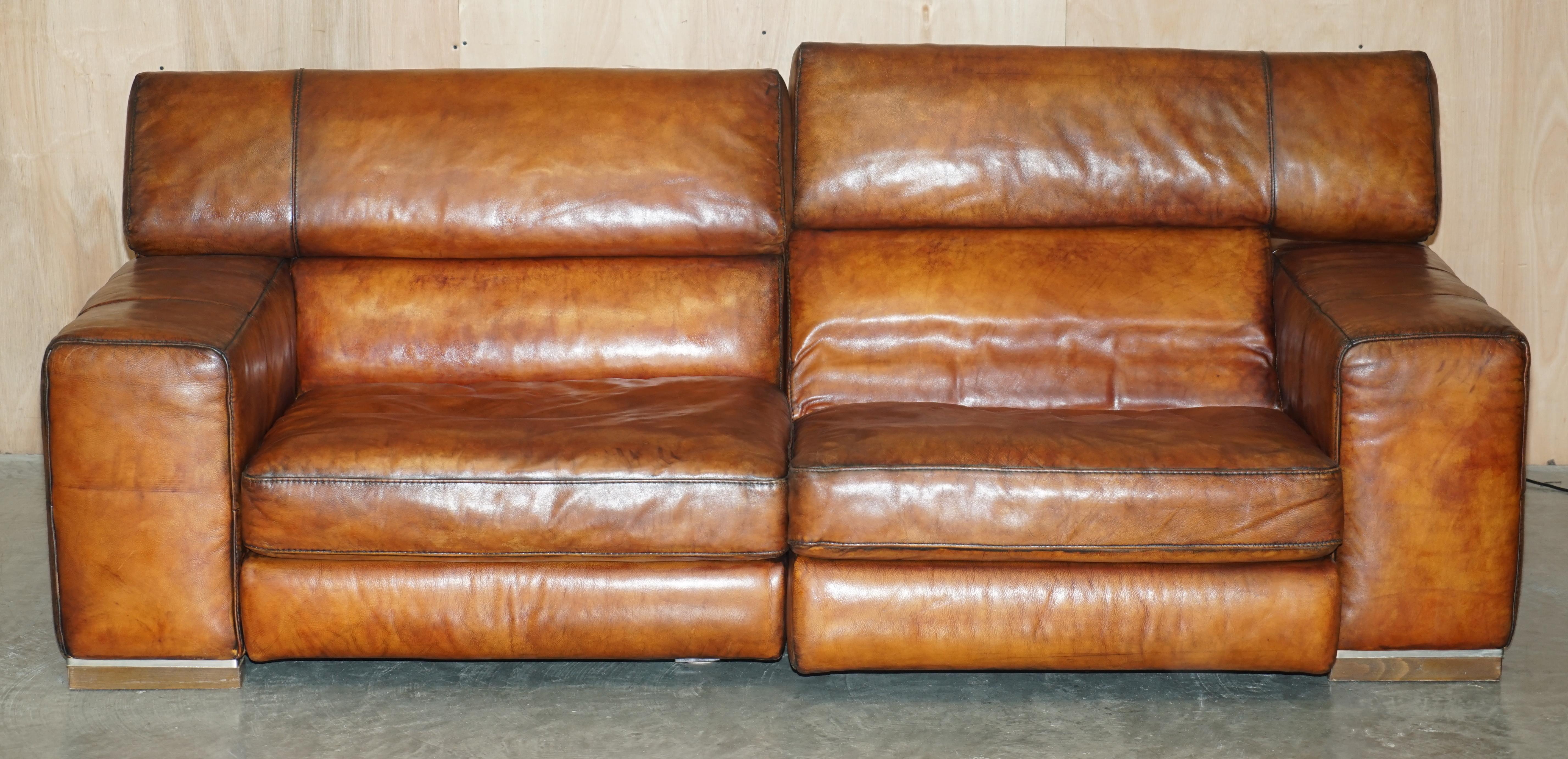 Natuzzi Roma Cigar Brown Leather Sofa Electric Raising Headrest Part of a Suite For Sale 8