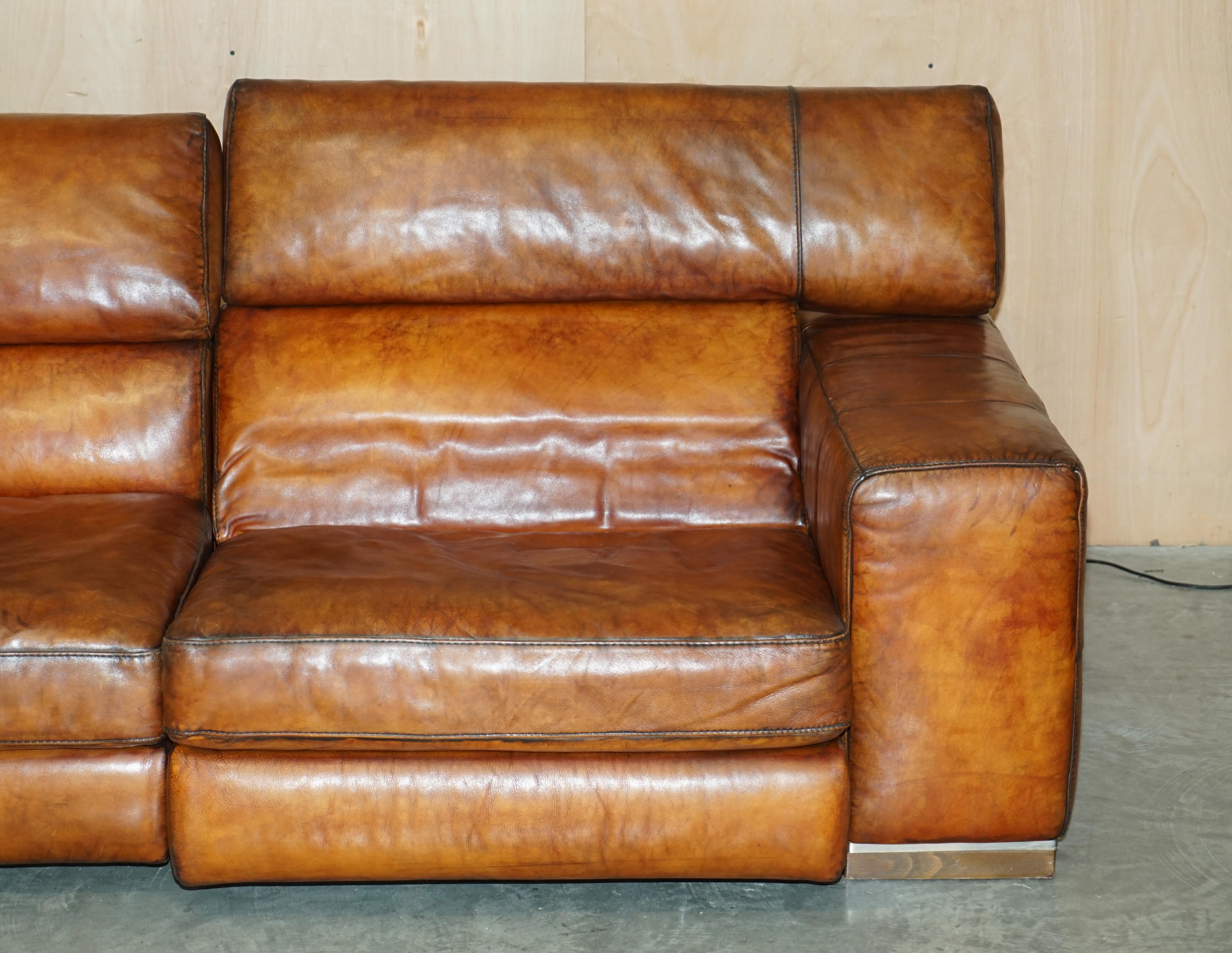 Natuzzi Roma Cigar Brown Leather Sofa Electric Raising Headrest Part of a Suite For Sale 9