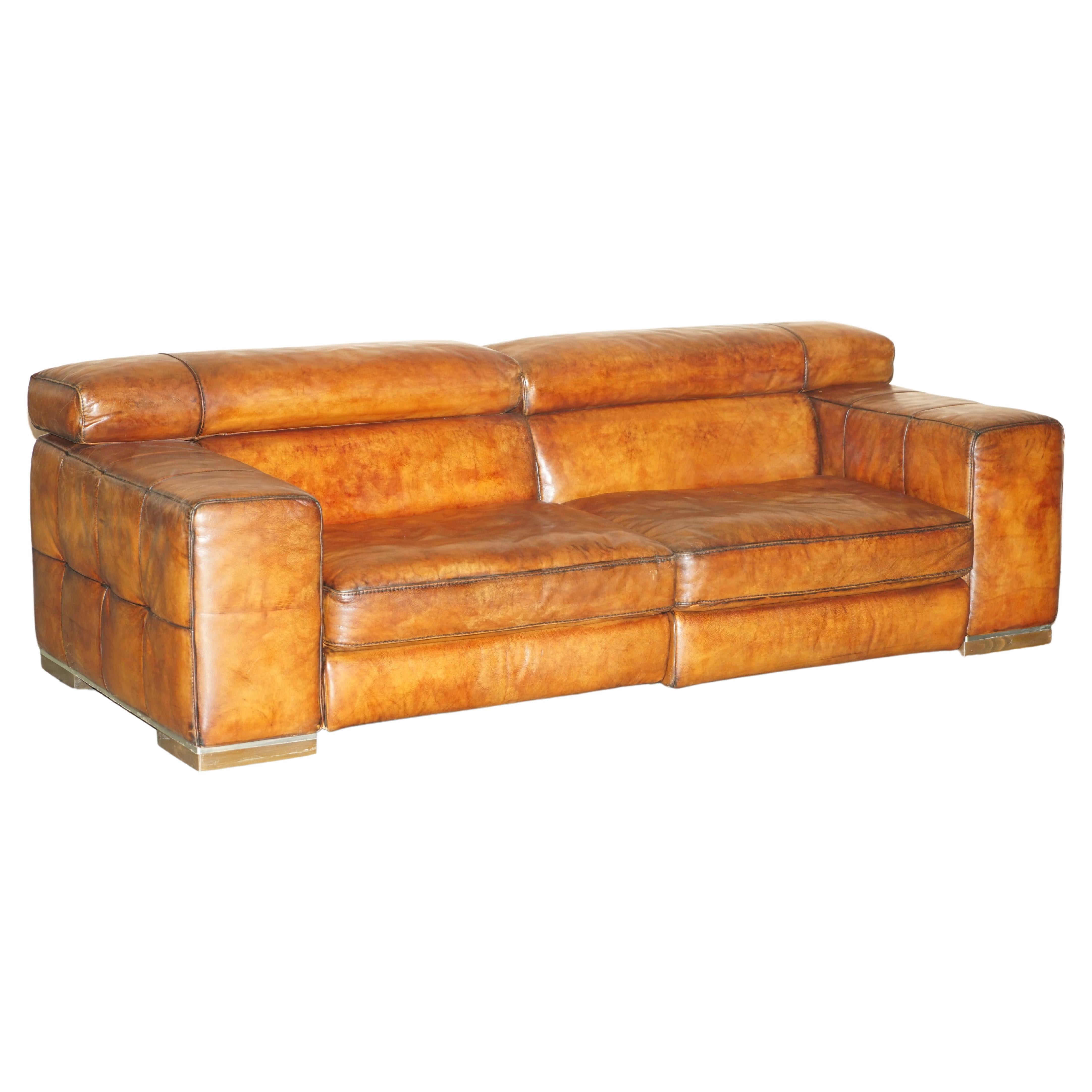 Natuzzi Roma Cigar Brown Leather Sofa Electric Raising Headrest Part of a Suite For Sale
