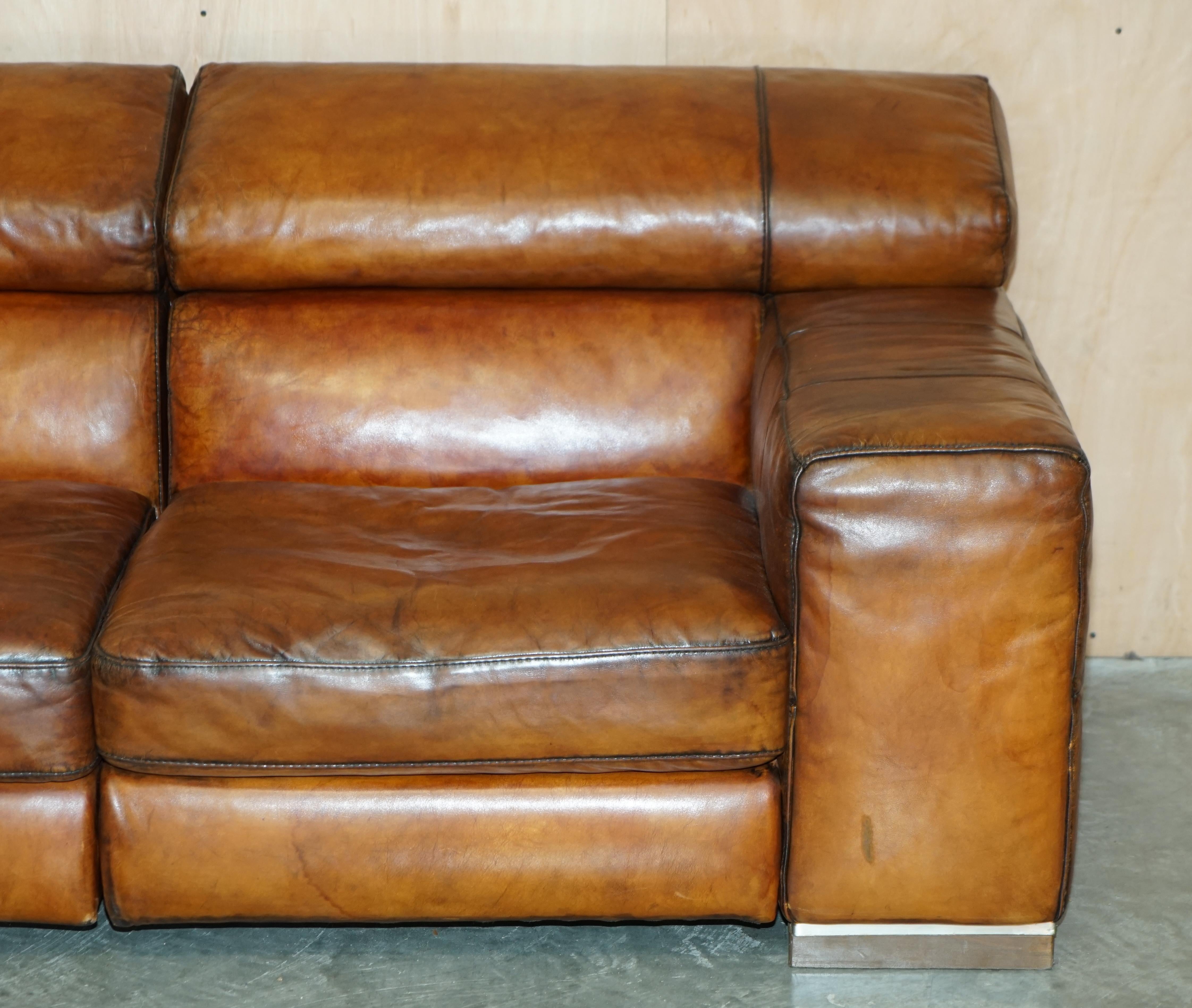 Natuzzi Roma Hand Dyed Cigar Brown Leather Sofa Raising Headrest Part of a Suite For Sale 1