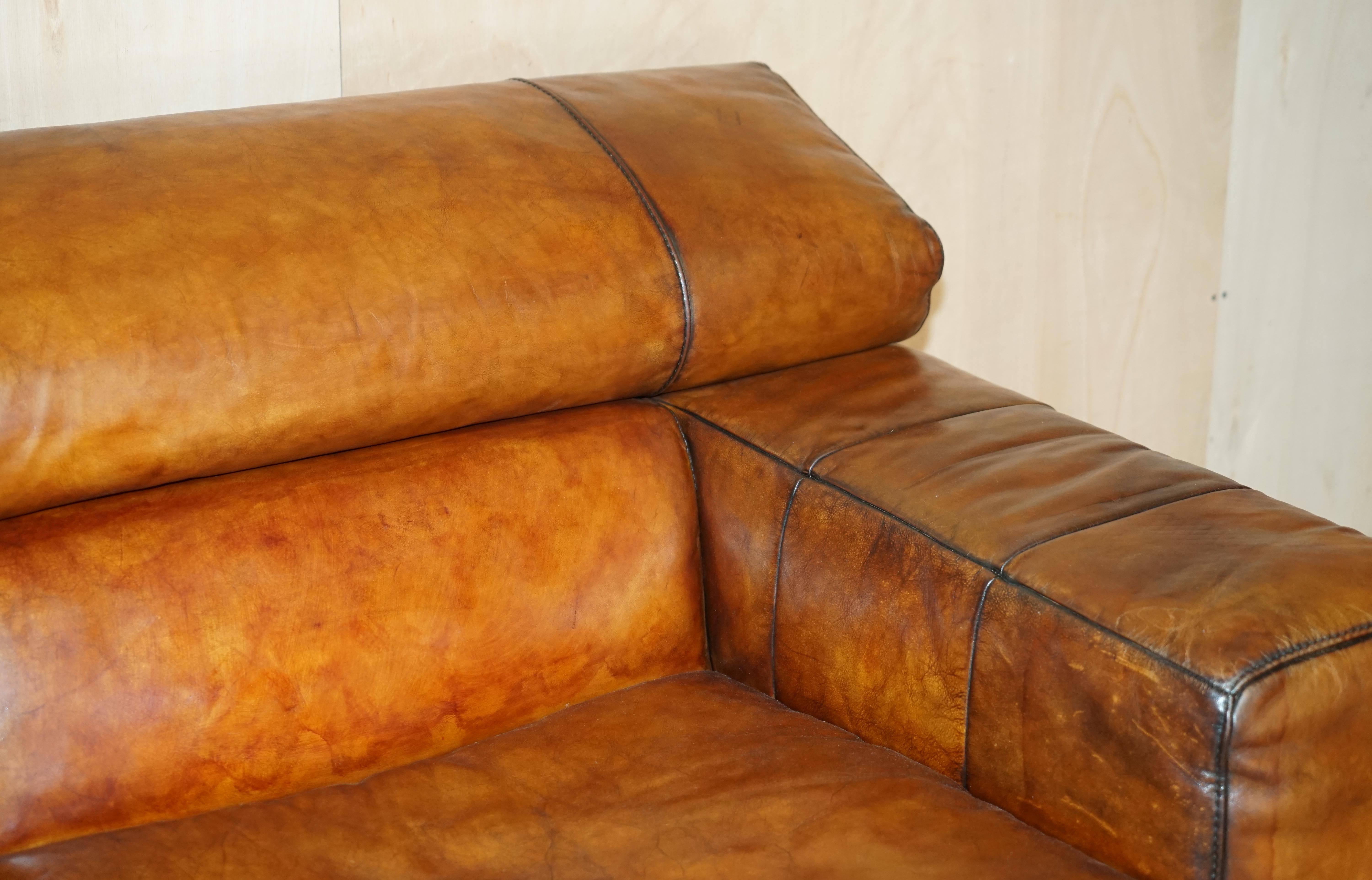 Natuzzi Roma Hand Dyed Cigar Brown Leather Sofa Raising Headrest Part of a Suite For Sale 3