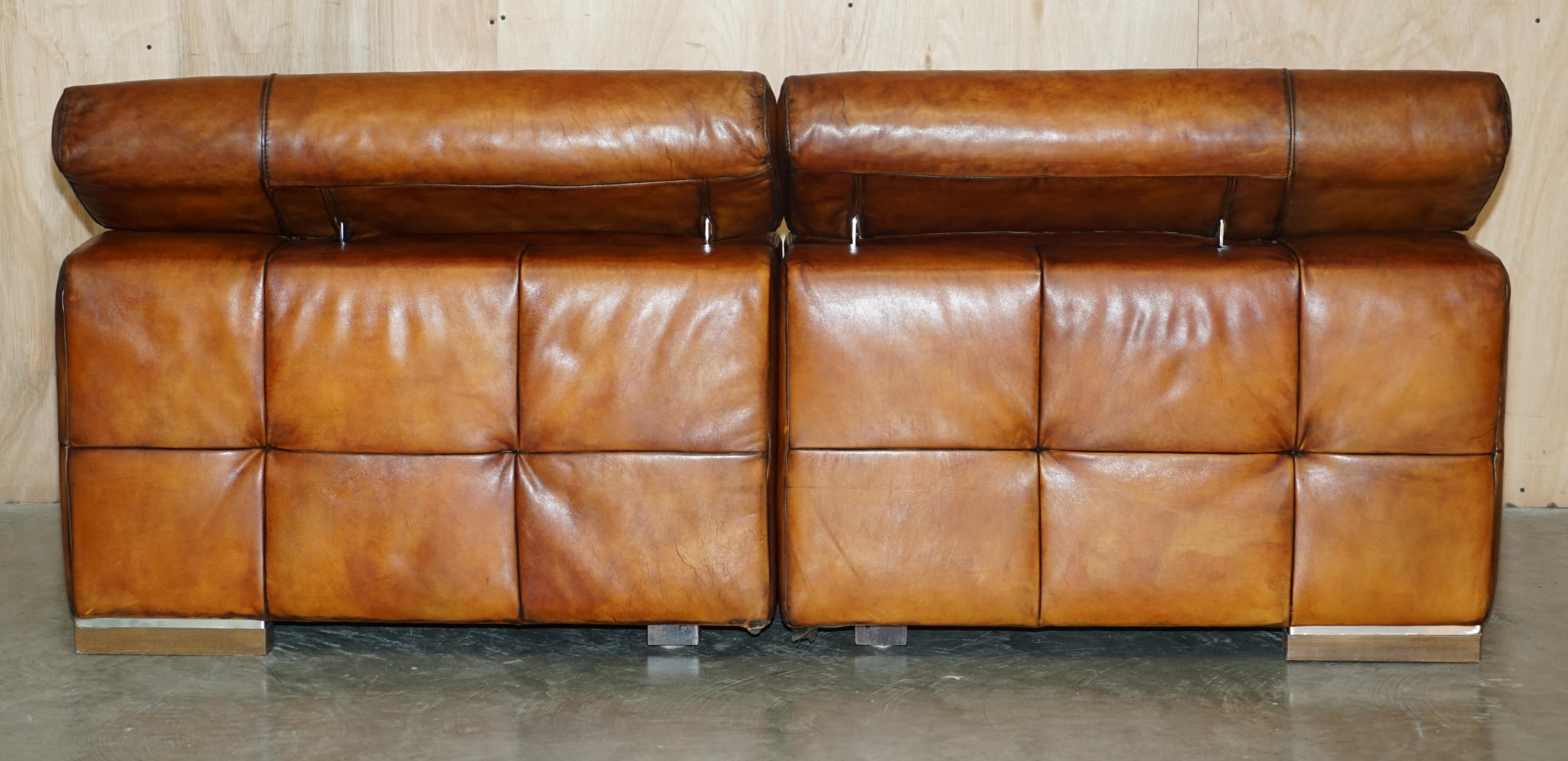 Natuzzi Roma Hand Dyed Cigar Brown Leather Sofa Raising Headrest Part of a Suite For Sale 8