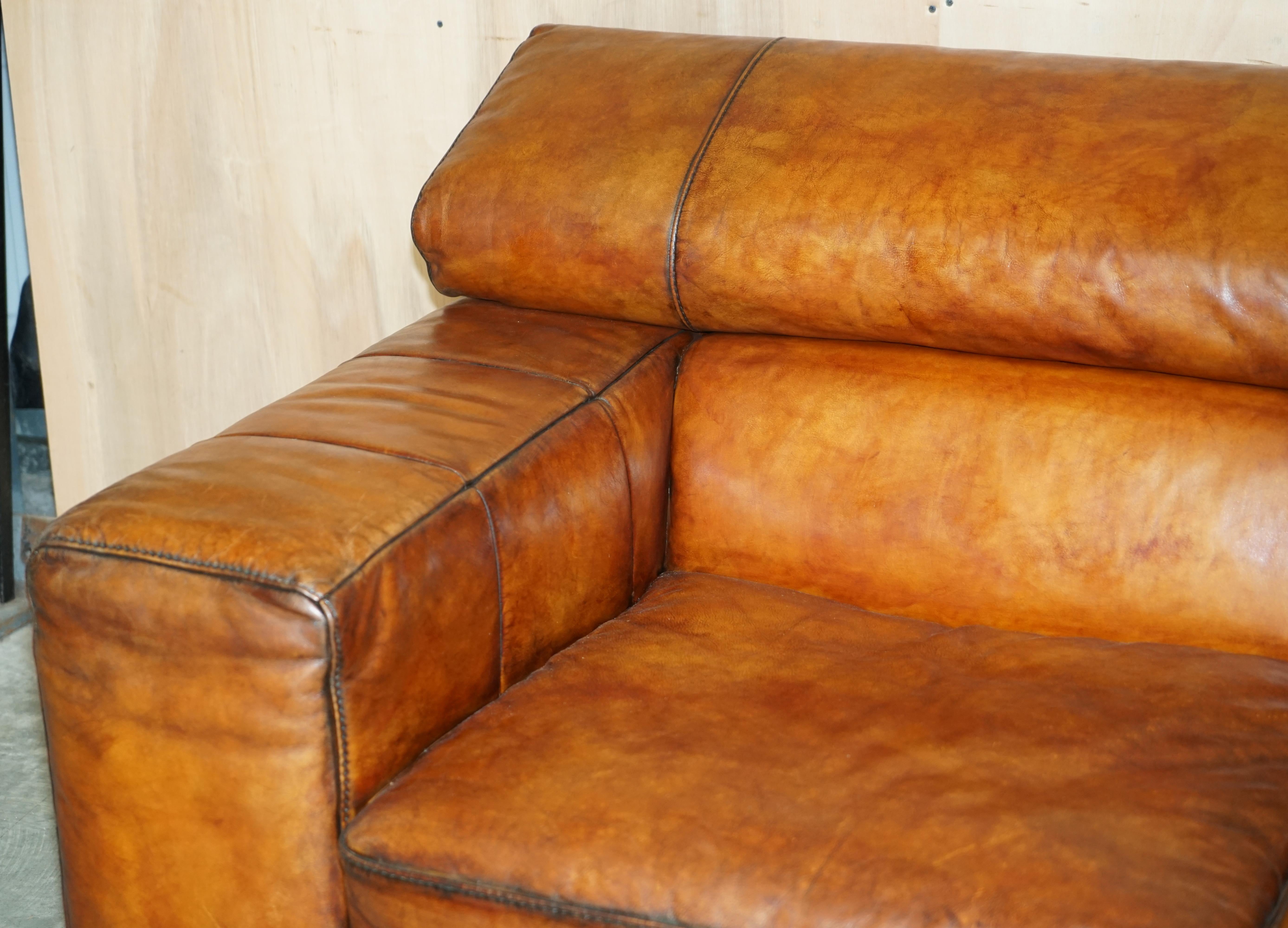 Art Deco Natuzzi Roma Hand Dyed Cigar Brown Leather Sofa Raising Headrest Part of a Suite For Sale