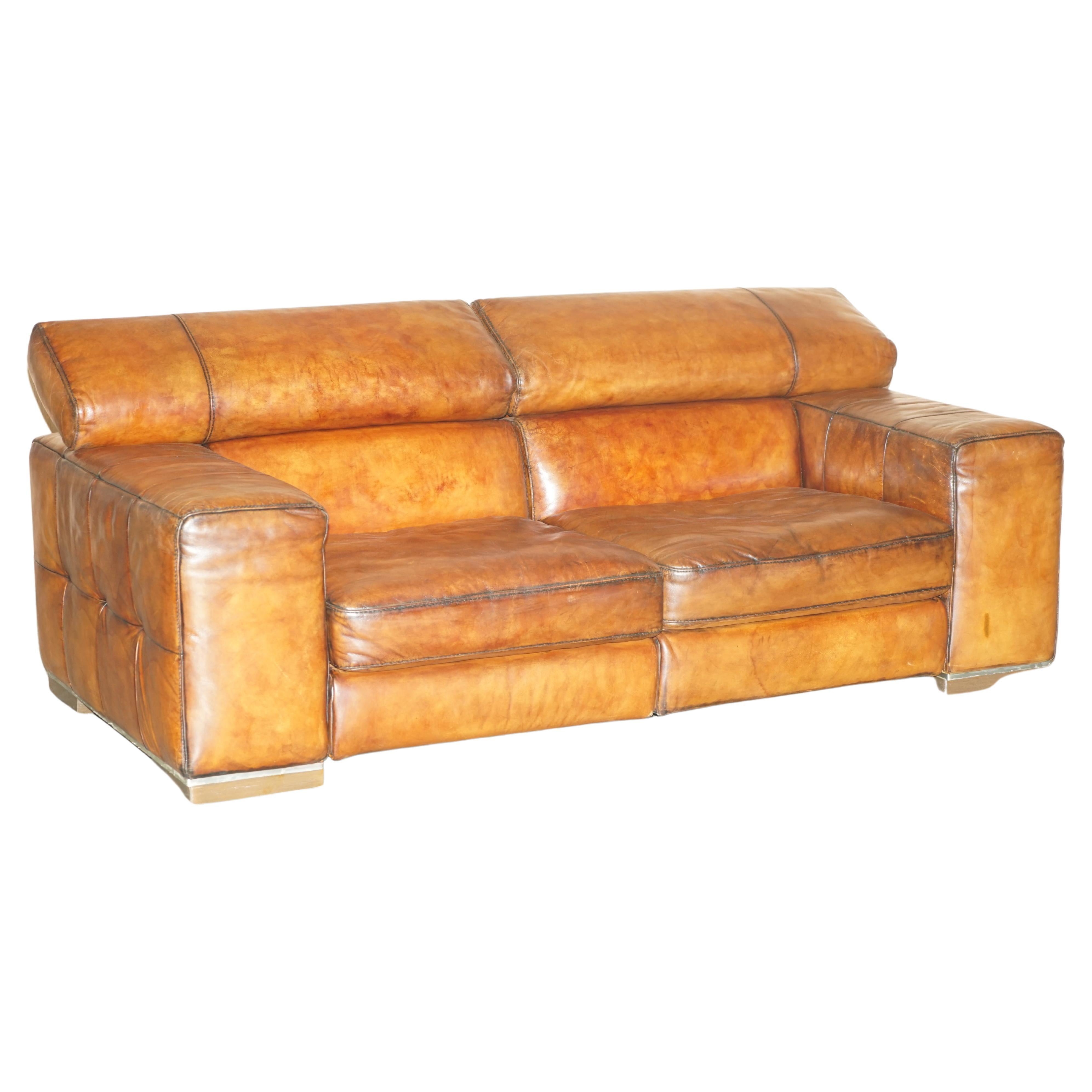 Natuzzi Roma Hand Dyed Cigar Brown Leather Sofa Raising Headrest Part of a Suite For Sale
