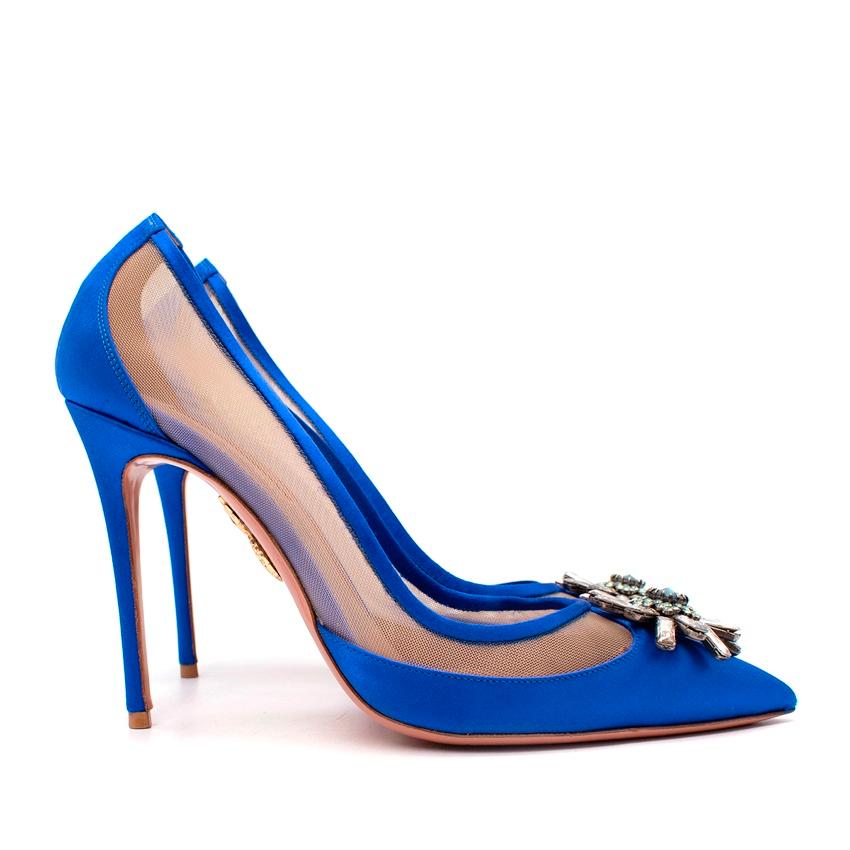  Naty Abascal x Aquazzura Kimiyah Blue Satin & Mesh Heeled Pumps
 

 - Part of a limited edition capsule celebrating Spanish socialite and former model Naty Abascal
 - Vibrant, royal blue satin toe cap, edging and heel contrasted with an illusion
