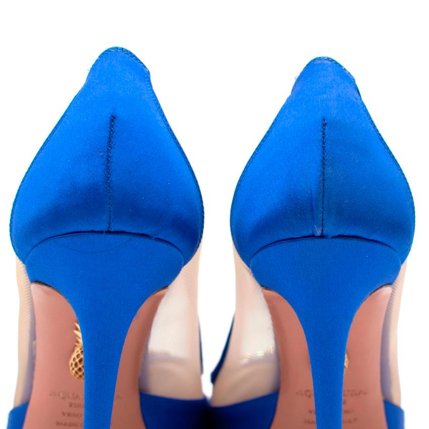 Naty Abascal x Aquazzura Kimiyah Blue Satin & Mesh Heeled Pumps In Excellent Condition For Sale In London, GB