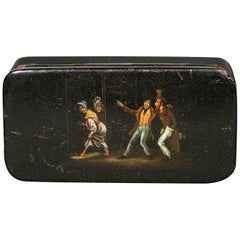Freche handbemalte & schwarz lackierte Papiermaché-Schnupftabakdose aus dem 19.