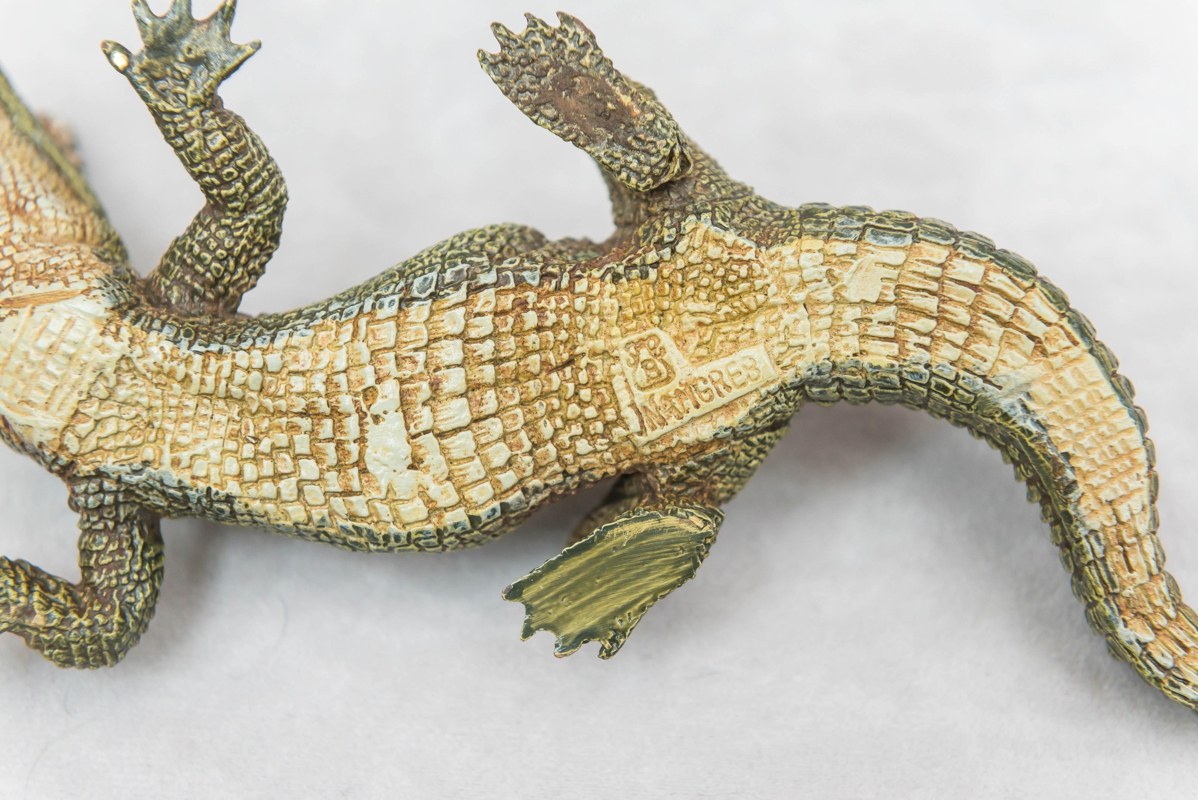 Early 20th Century Naughty, Erotic Cold Painted Bronze Alligator with Nude Inside Signed, Bergmann