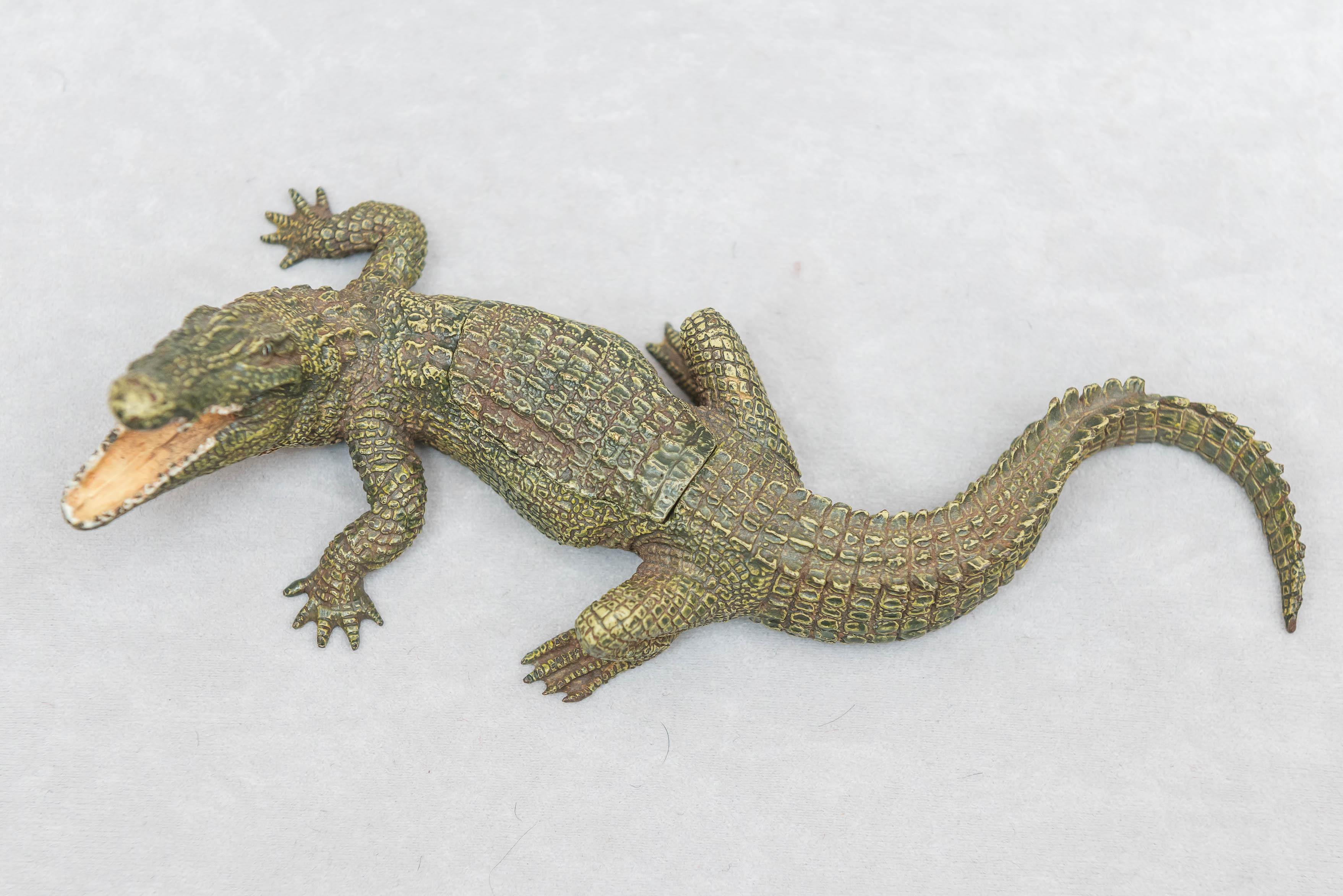 Cold-Painted Naughty, Erotic Cold Painted Bronze Alligator with Nude Inside Signed, Bergmann