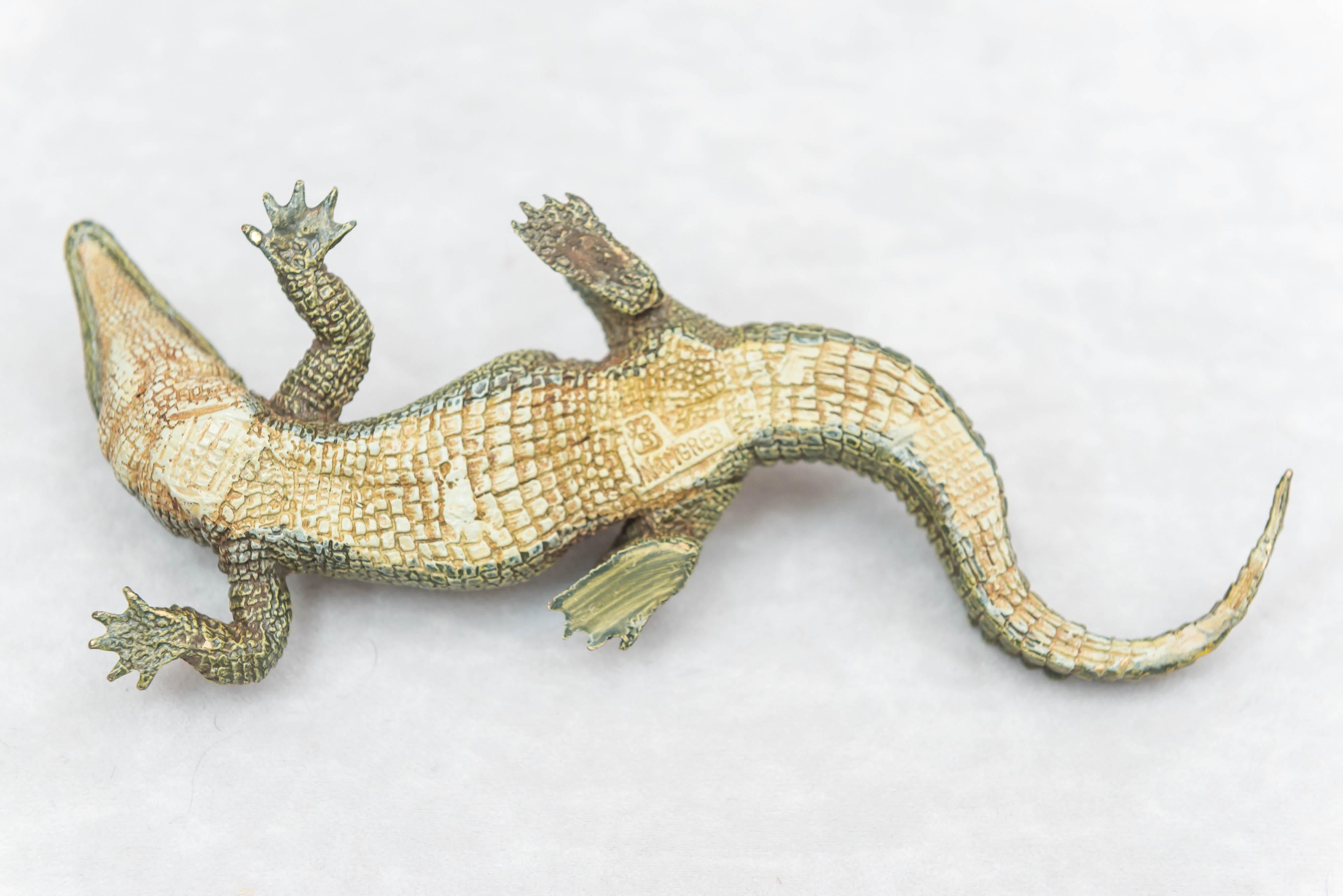 Naughty, Erotic Cold Painted Bronze Alligator with Nude Inside Signed, Bergmann In Excellent Condition In Petaluma, CA