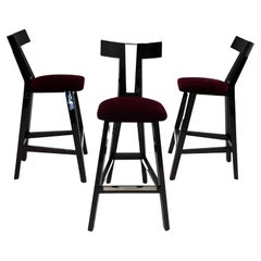 Naughty Set of 3 Italian Black Laquer Barstools with Dark Red Mohair Seats