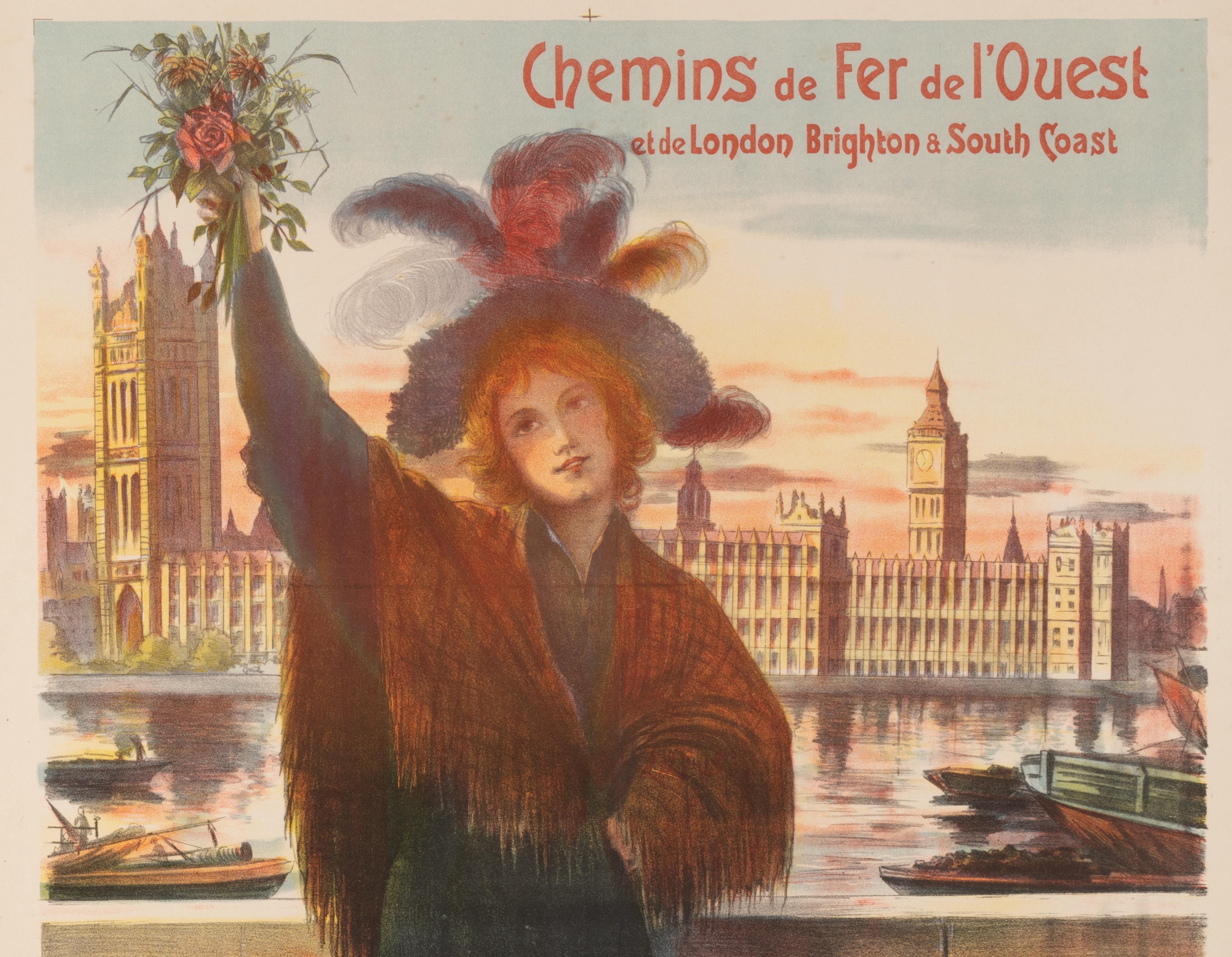 Original Vintage Poster by Arsène Naulez produced in 1904 to promote tourism between Paris and London.

Artist: Arsène Naulez
Title: Chemins de Fer de L'ouest – et de London Brighton & South Coast
Date: 1904
Size (w x h): 26.4 x 39.4 in / 67 x 100