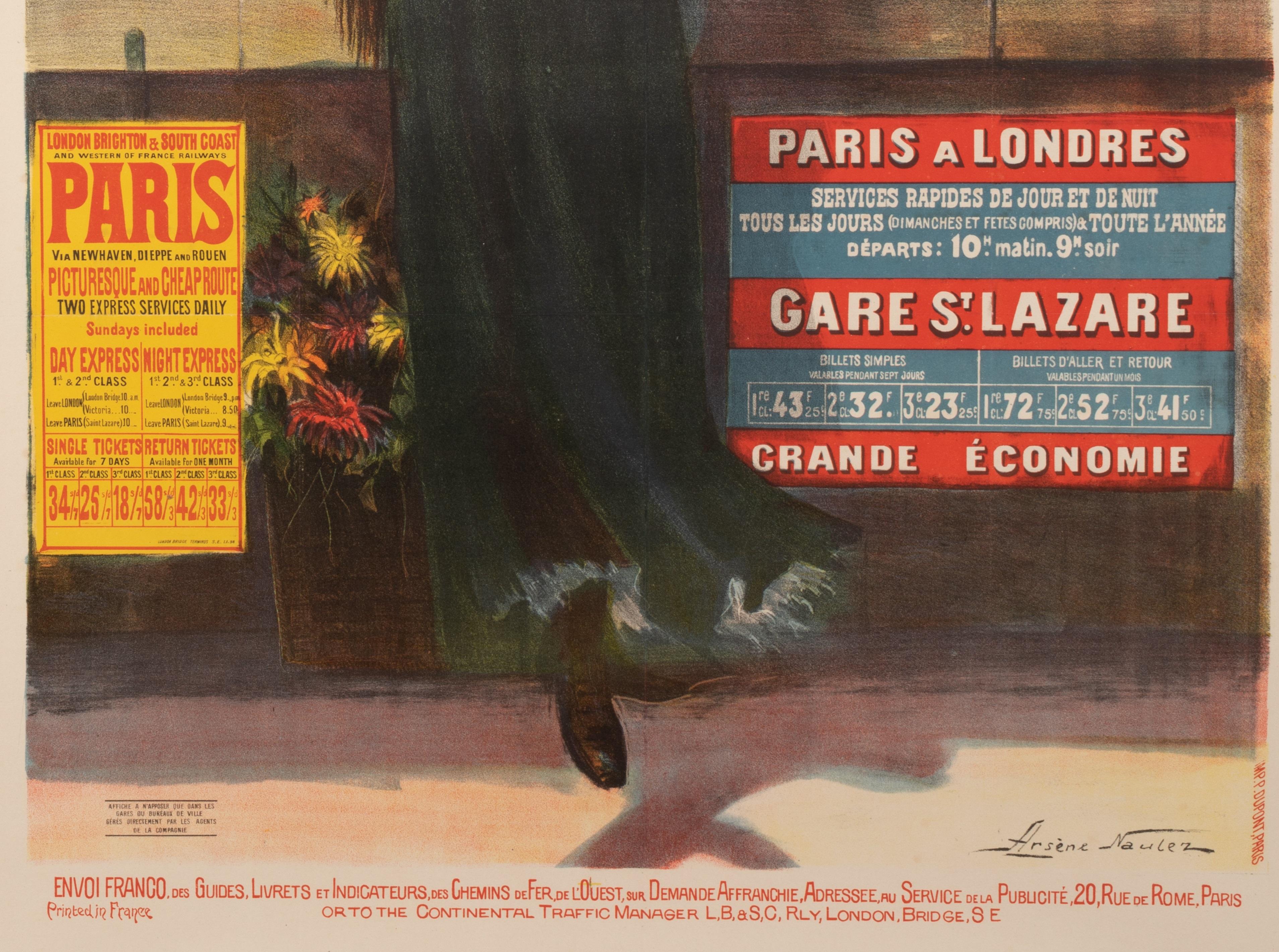 Belle Époque Naulez, Original Railway Poster, Paris London Brighton, Big Ben Westminster 1904 For Sale