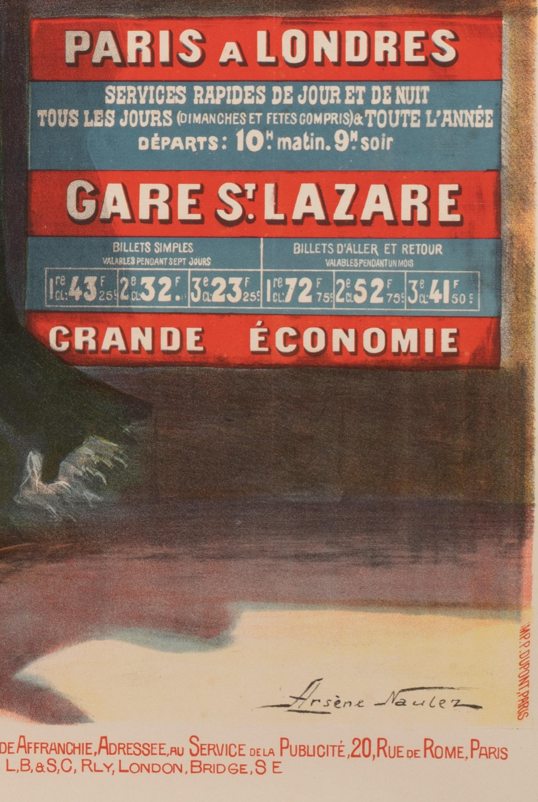 20th Century Naulez, Original Railway Poster, Paris London Brighton, Big Ben Westminster 1904 For Sale
