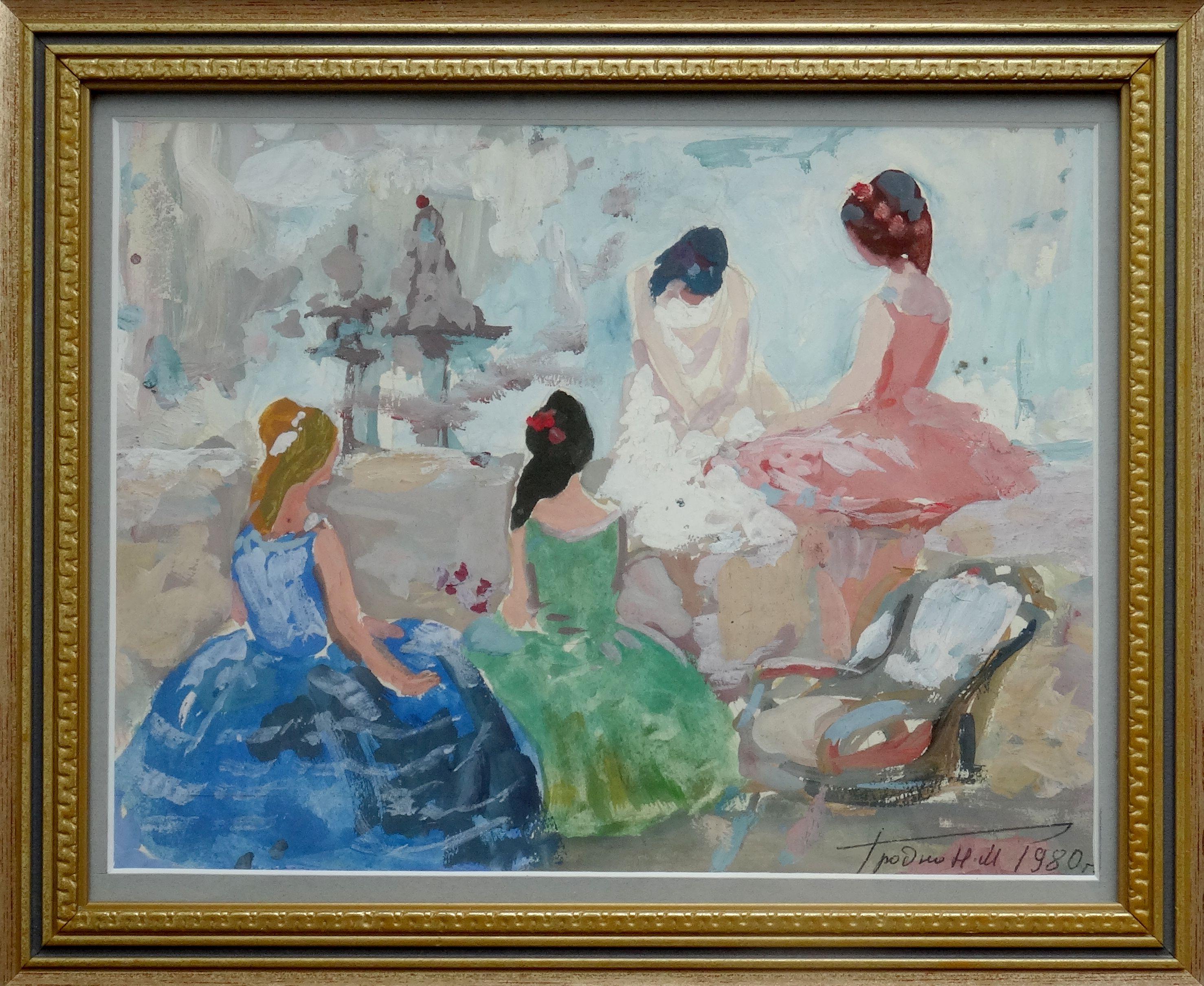 Ballerinas. 1980. Cardboard, tempera, 19x24 cm - Painting by Naum Grodno