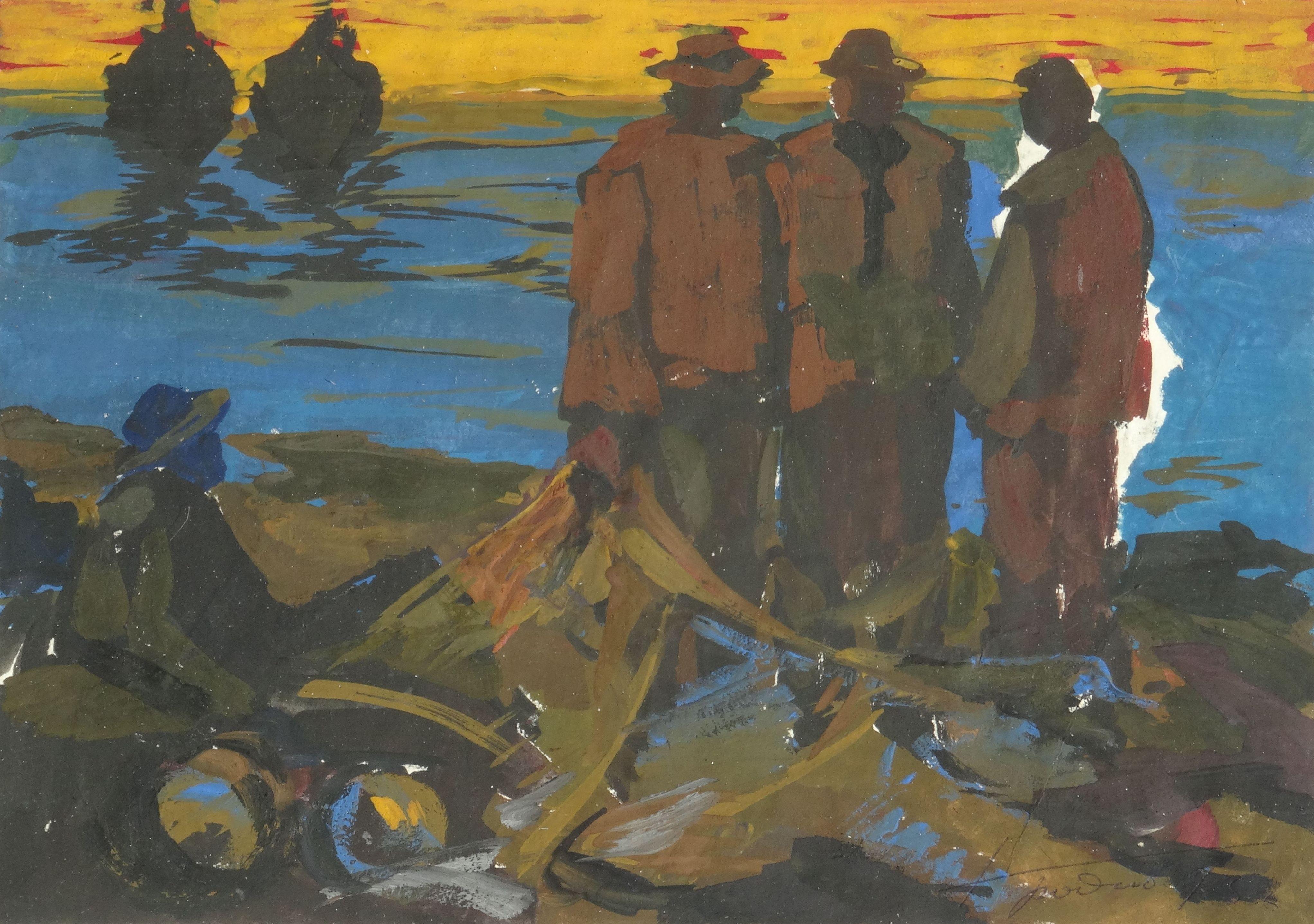 Naum Grodno Landscape Painting - Fishermen's happiness. Cardboard, tempera, 21x29 cm